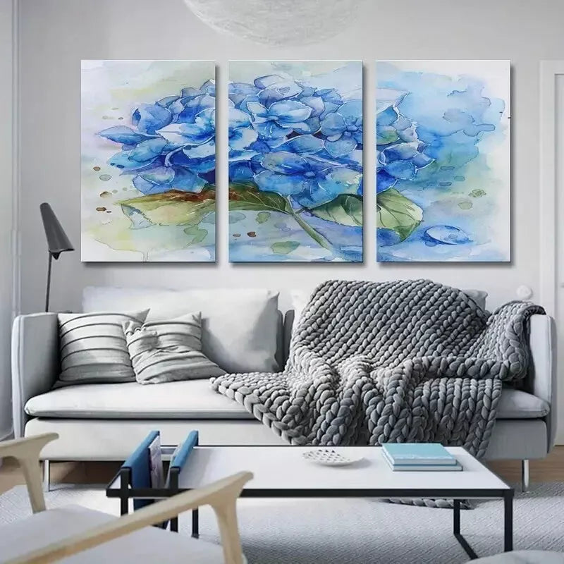 3-Piece Blue Hydrangea Floral Wall Art Set - Framed Canvas Prints 50x70cm - High Quality Home Decor - Ready to Hang - Perfect for Living Room, Bedroom & Office Decoration