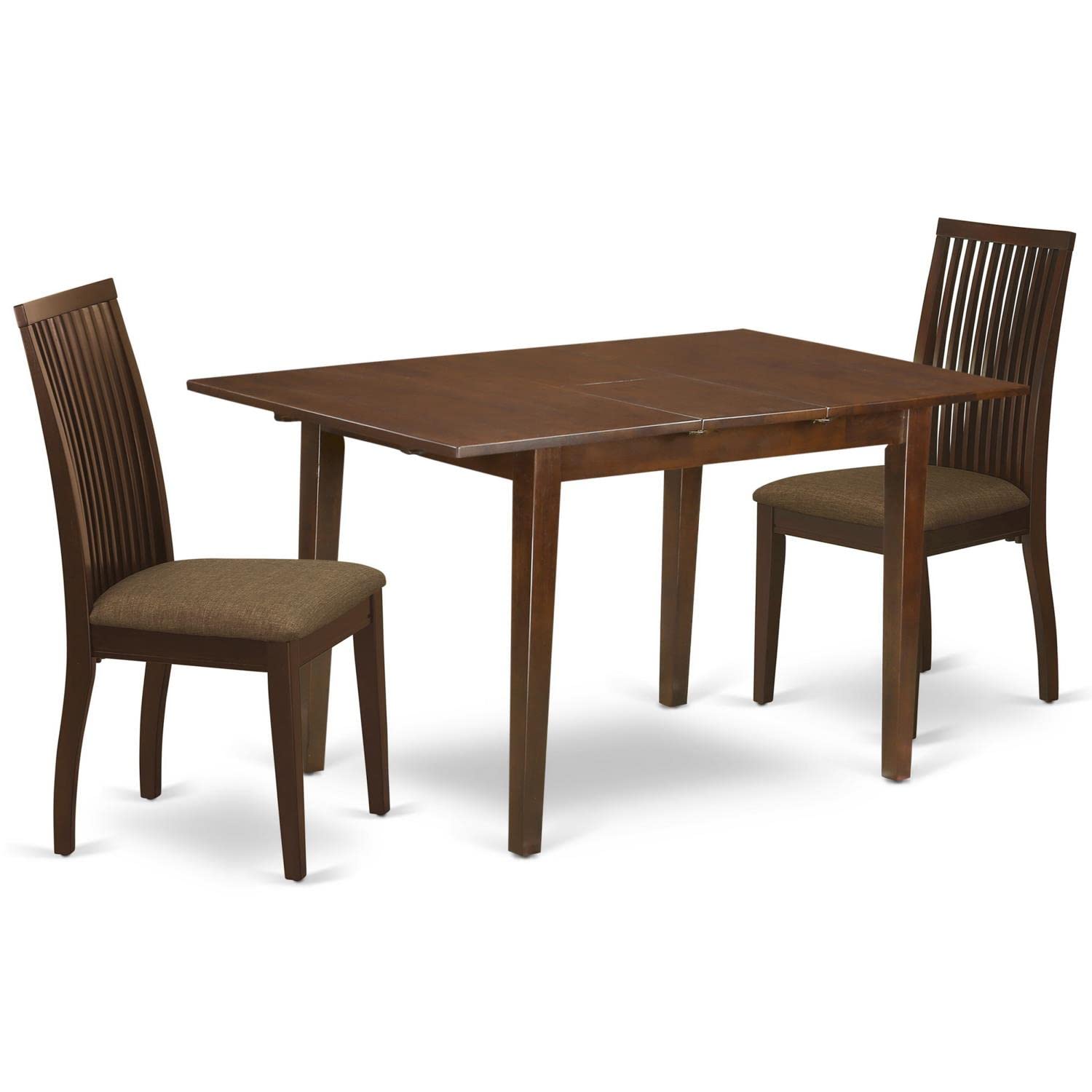 East West Furniture 3 Piece Dining Room Set - Rectangle Wooden Table with Butterfly Leaf & 2 Linen Fabric Chairs, 32x60 Inch, Mahogany - Perfect for Small Space Dining, Kitchen Breakfast Nook, and Apartment Entertaining