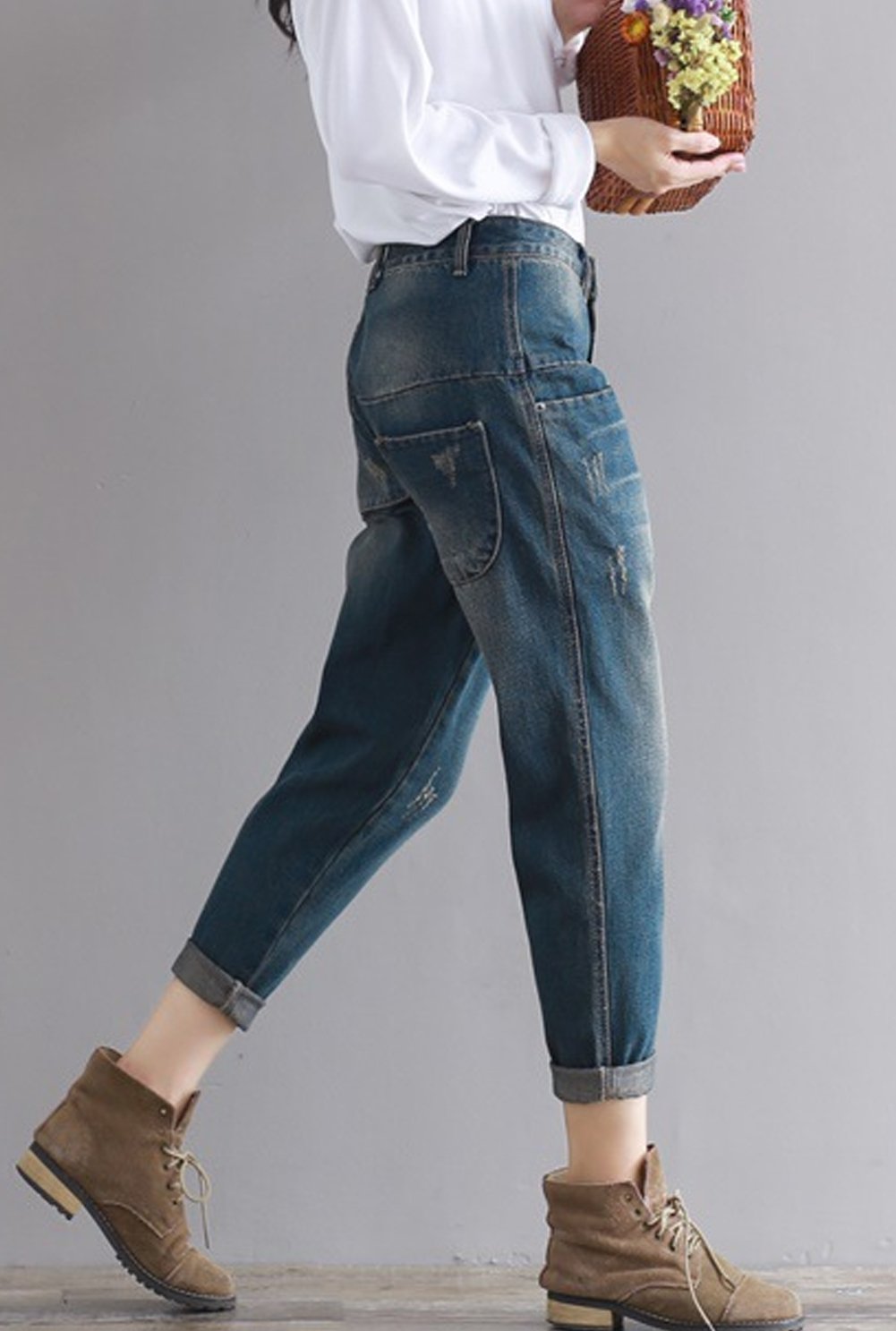 Hotmiss Women's Distressed Baggy Harem Jeans - Casual Loose Fit Cropped Denim Pants for Streetwear & Boho Fashion Outfits