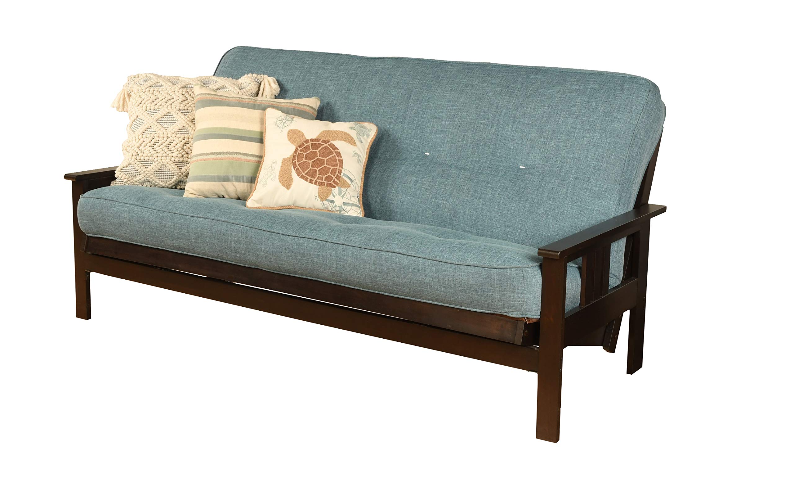 Kodiak Furniture Monterey Futon Set - Espresso Base & Linen Aqua Mattress, No Drawers | Space-Saving Convertible Sofa Bed for Small Apartments, Guest Rooms & Dorm Living