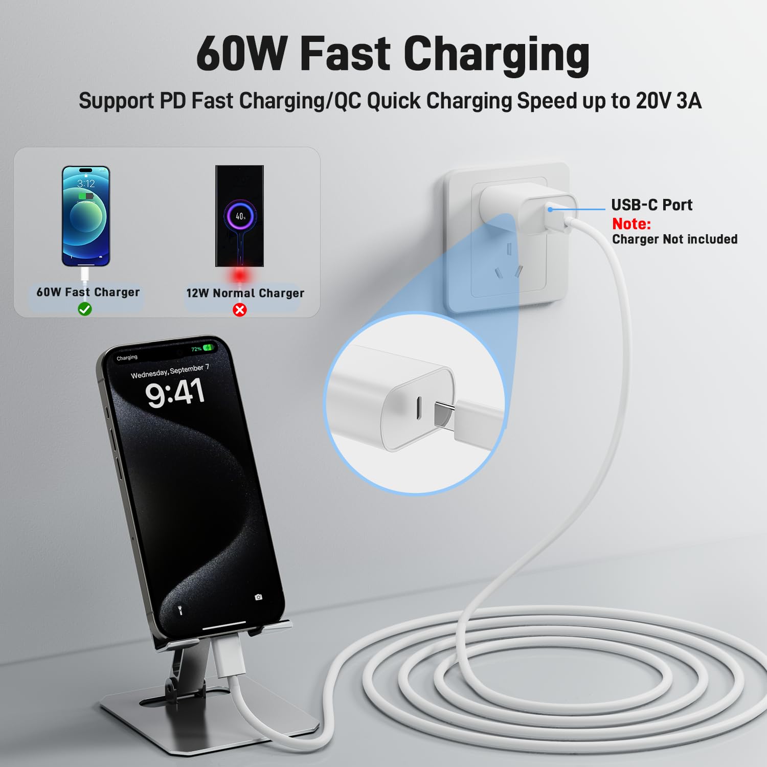 3-Pack 3.3FT USB C to USB C Cable 60W Fast Charging - Compatible with iPhone 16/15 Pro Max, Samsung S23+/S22/S21 Ultra, Pixel 8, iPad Air 4/Pro 2021, MacBook - Perfect for Home, Office & Travel Charging