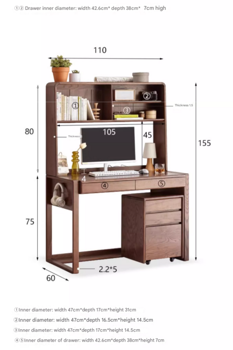Solid Oak Wood Modern Combination Desk - Home Office Workstation for Study, Writing & Computer Use