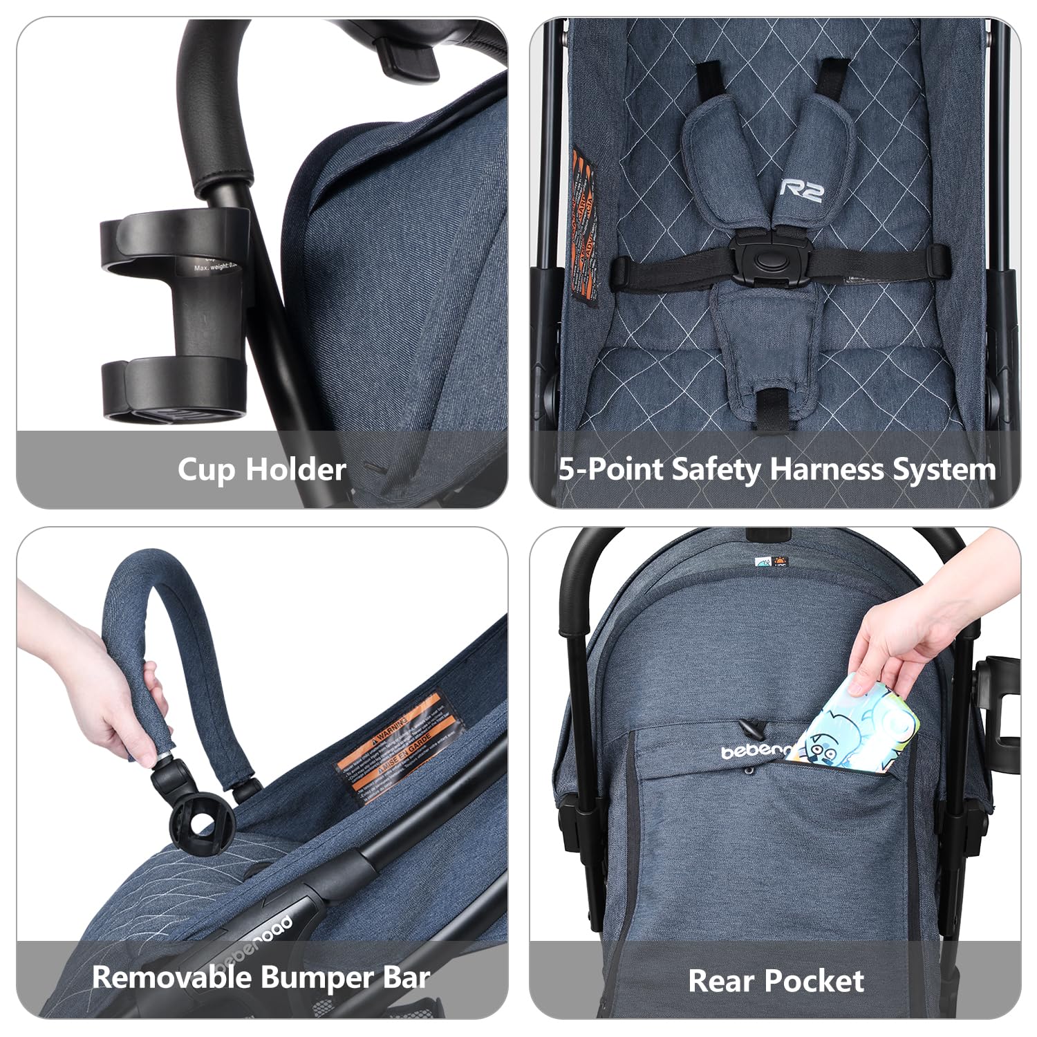 Beberoad Love R2 Compact Lightweight Travel Stroller for Toddlers - Foldable Baby Stroller with Adjustable Backrest, Cup Holder & Waterproof Canopy - Airplane Approved, Perfect for Travel, Shopping & Daily Use (Denim Blue)