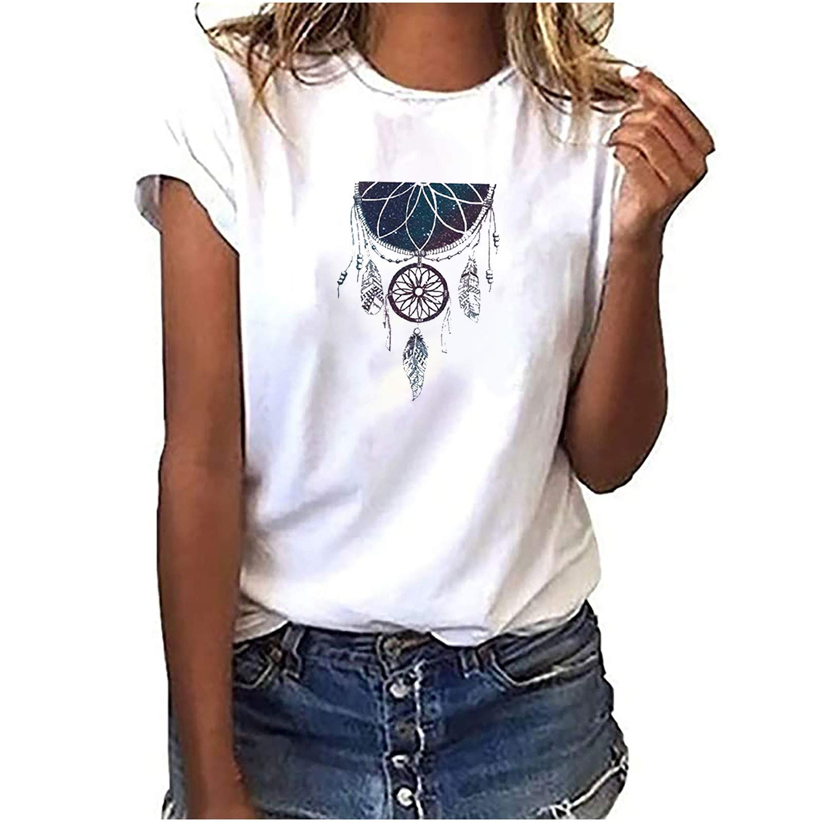 Women's Summer Tops - Gorgeous Dreamcatcher Print O-Neck T-Shirt | Boho Streetwear & Harajuku Style Blouse for Casual Wear, Music Festivals & Summer Outfits