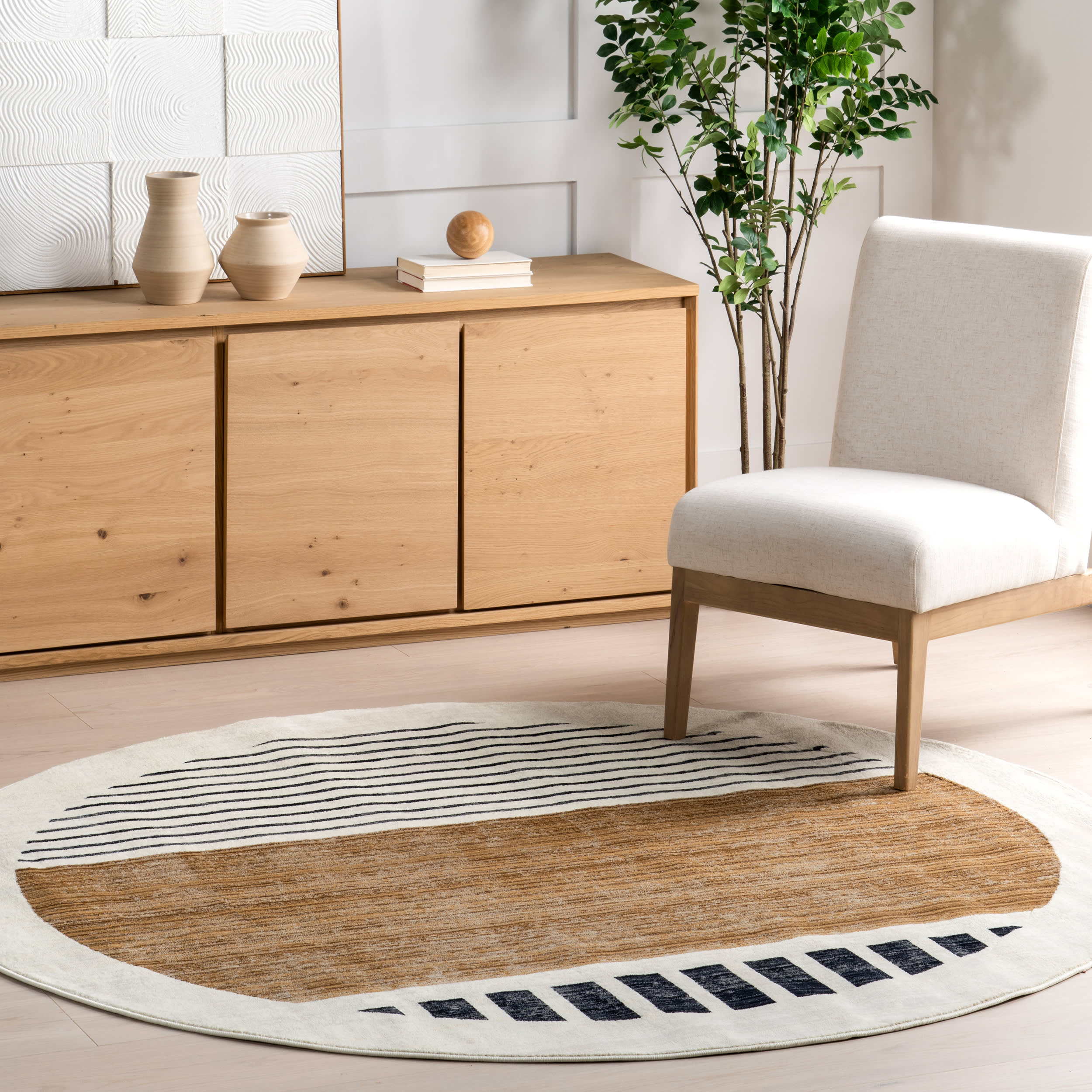 Anette Block Striped Rug - Soft Beige Area Rug for Living Room, Bedroom, Nursery - Non-Slip & Washable Modern Home Decor