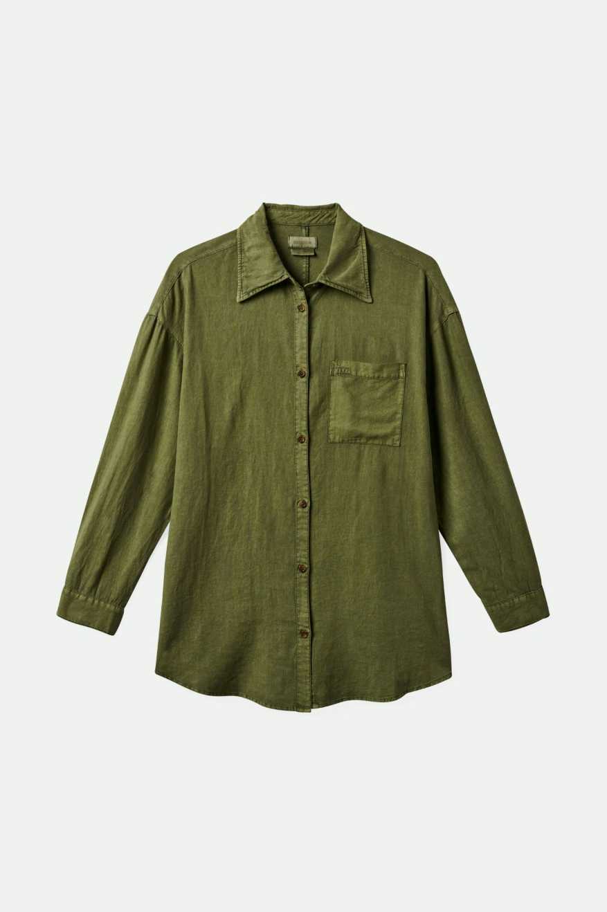 Vintage Linen Long Sleeve Woven Shirtdress in Sea Kelp Green - Casual Boho Chic Dress for Women, Perfect for Beach Outings and Summer Travel