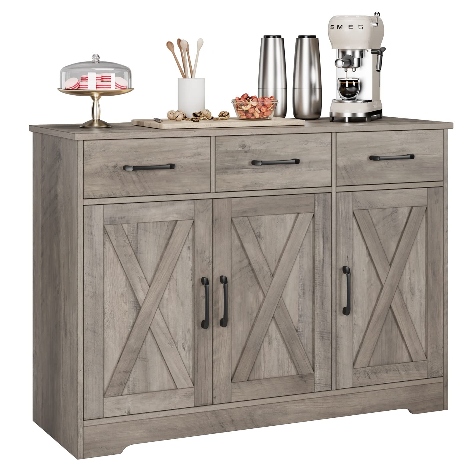 Modern Farmhouse Buffet Sideboard Cabinet with Barn Doors - Wood Storage Cabinet with Drawers & Shelves for Dining Room, Kitchen, Living Room - Ash Grey Coffee Bar Organizer for Home Decor & Entertaining