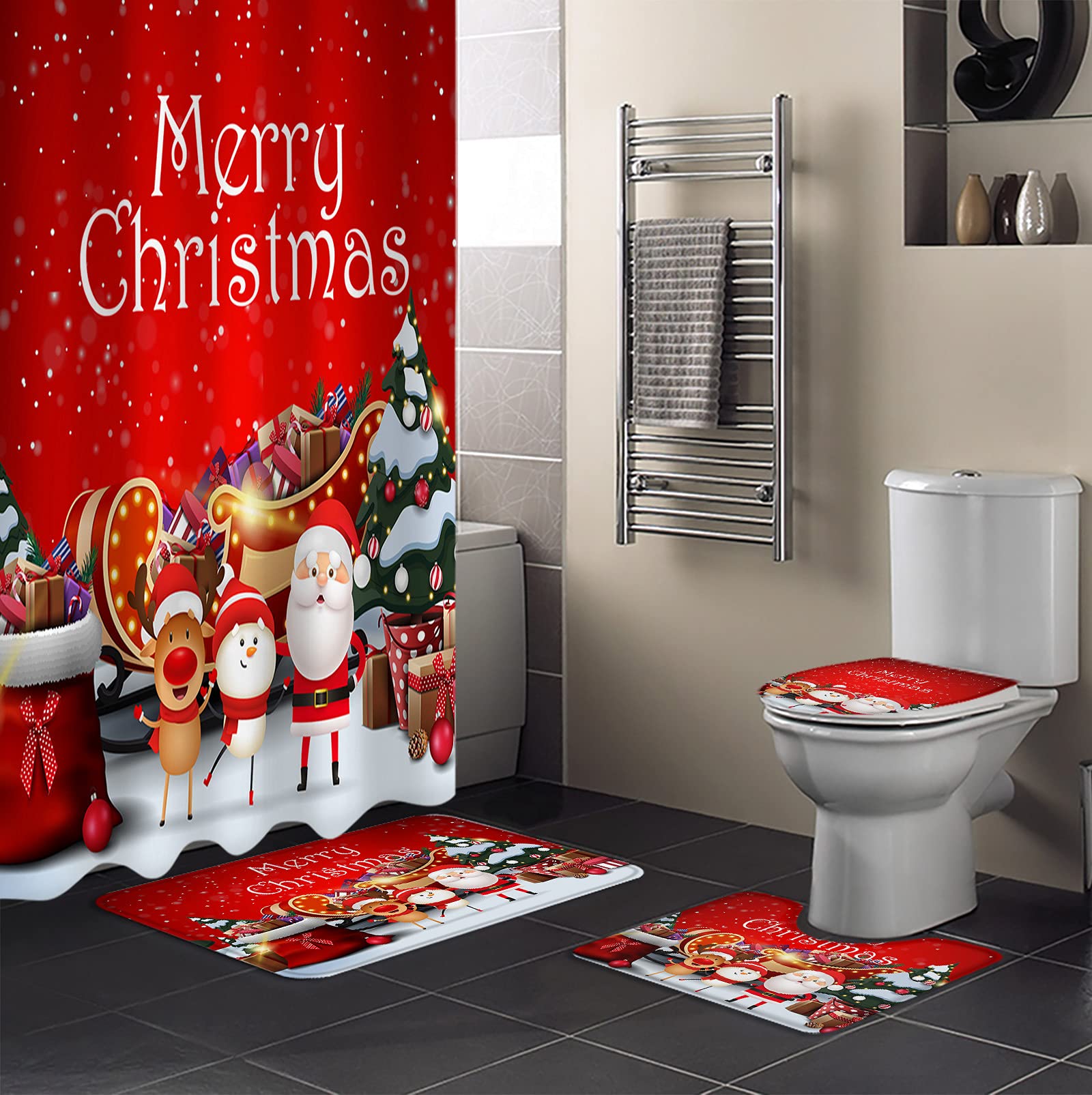 4-Piece Christmas Shower Curtain Set with Santa Claus Snowman Elk Design - Non-Slip Bath Mat, Toilet Cover & Rugs for Winter Bathroom Decor | Perfect for Holiday Home Decor & Gift Giving