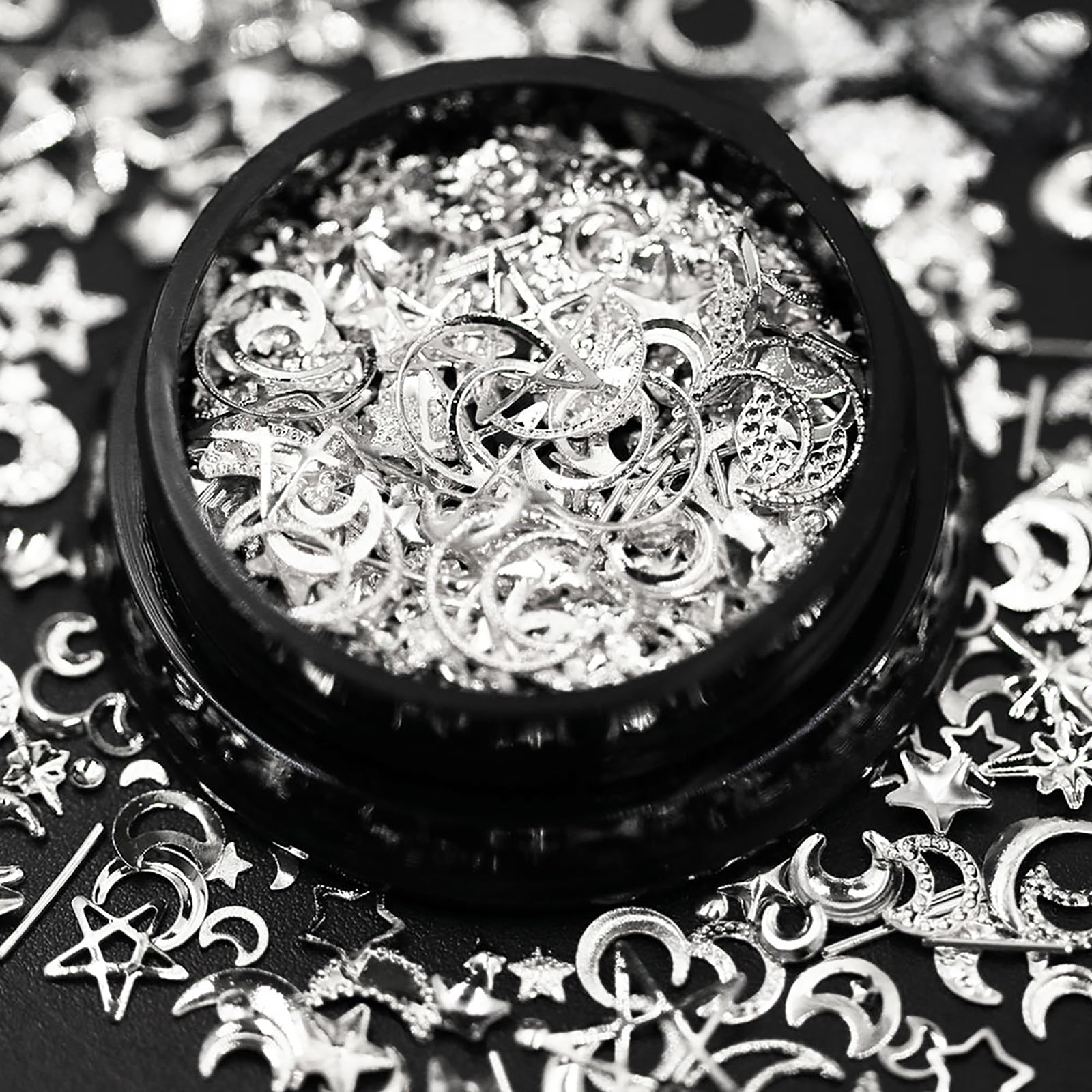 HYWWPFLA Silver 3D Nail Charms - Mixed Size Star & Moon Metal Studs for DIY Nail Art | Manicure Decoration Accessories | Perfect for Nail Salons, Home Manicures & Creative Nail Designs