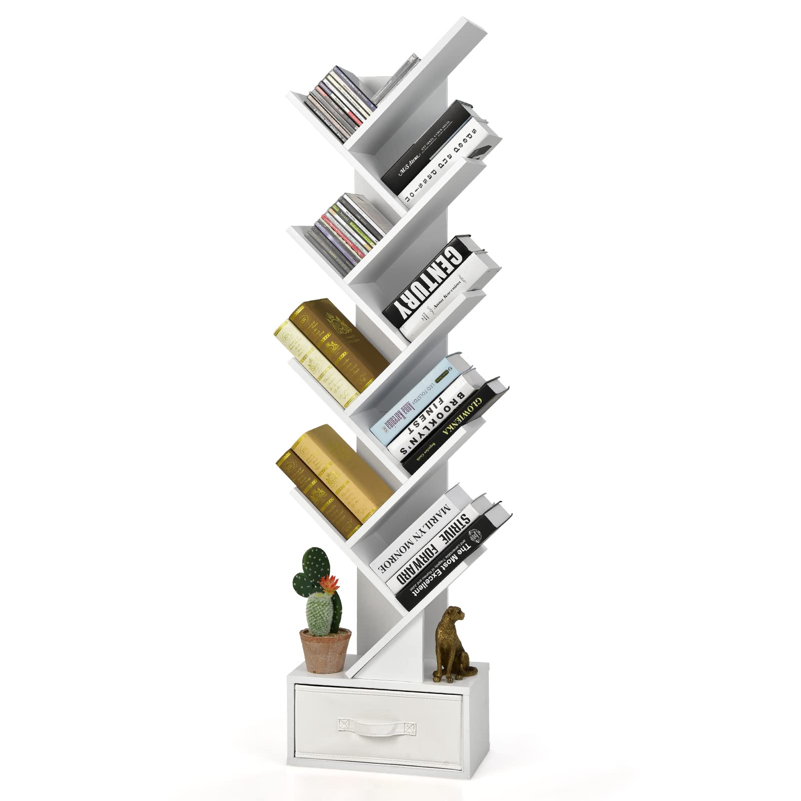 Giantex 10-Tier Tree Bookshelf with Drawer - White Wooden Bookcase for Space Saving, Freestanding Retro Wood Storage Rack - Decorative Bookshelf for Living Room, Bedroom, Office & Study Organization
