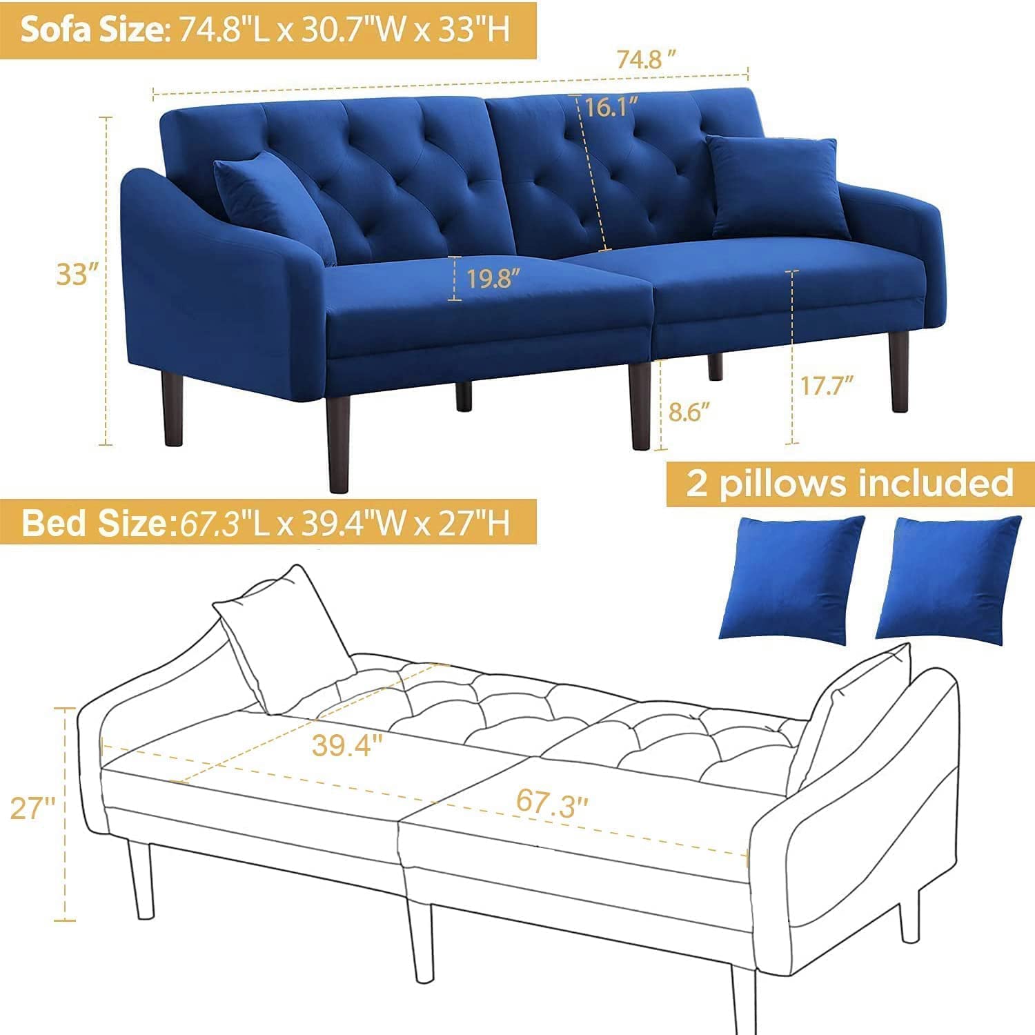 Goujxcy Convertible Futon Sofa Bed - Velvet Sleeper Sofa with 2 Pillows & Armrests, Foldable Couch for Small Spaces - Perfect for Living Room, Bedroom, Dorm or Apartment | Multi-Functional Guest Bed & Lounge Chair