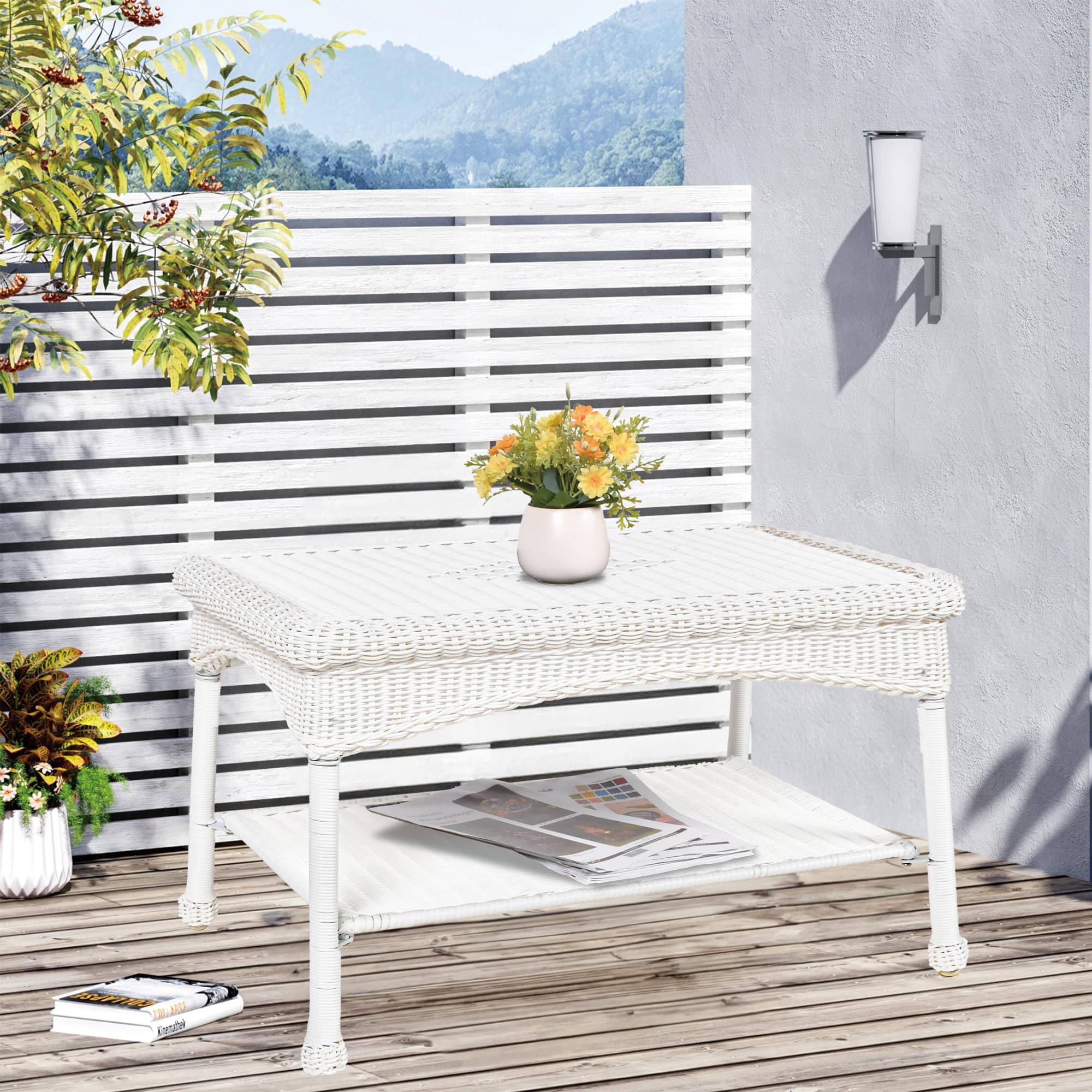 Jeco Carell White Wicker Patio Coffee Table - Outdoor Furniture for Garden, Poolside & Patio Decor