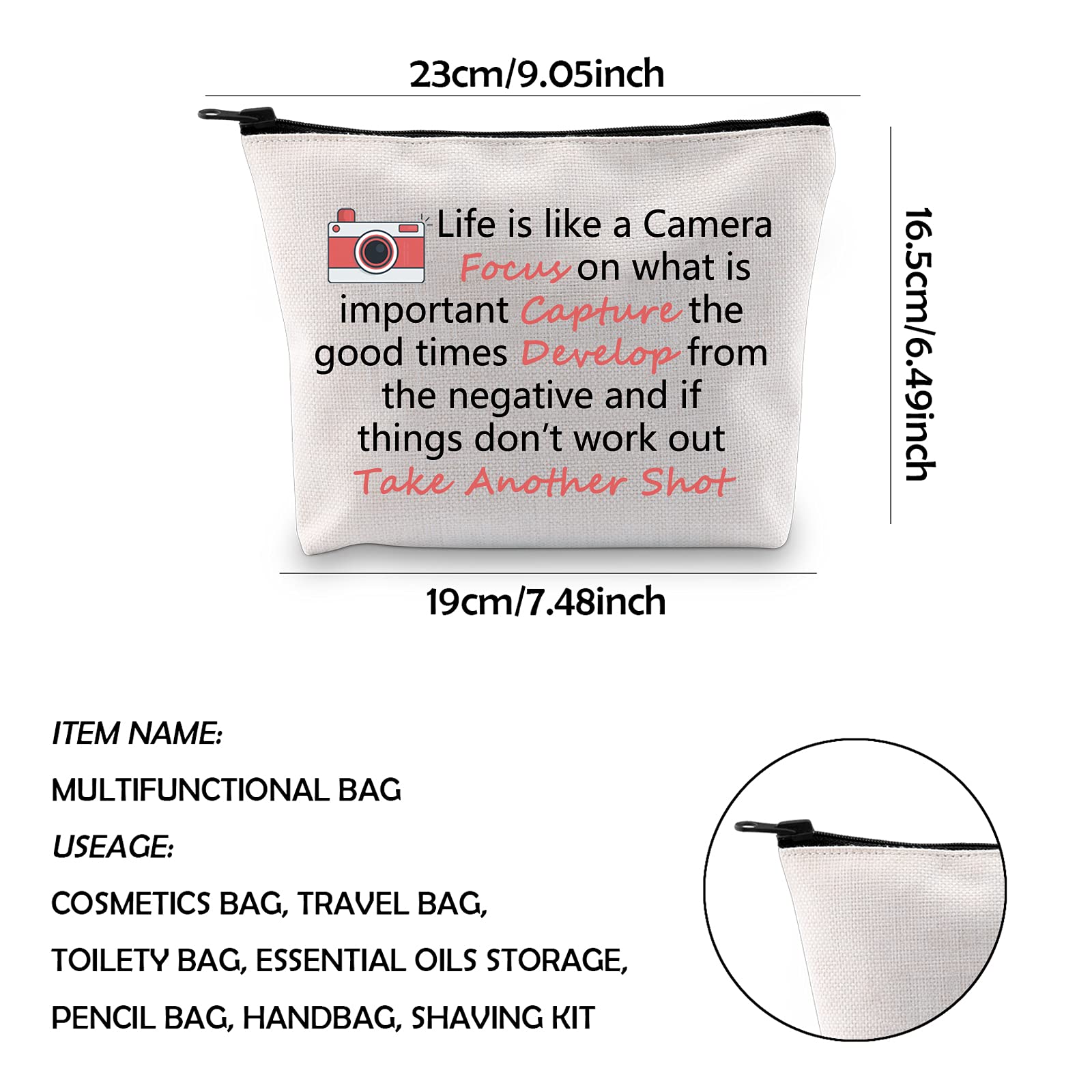 Life is Like a Camera Inspirational Photography Zipper Pouch - Waterproof Makeup Bag for Photographers & Artists - Perfect Camera Accessory Gift for Travel, Cosmetics & Daily Essentials Storage