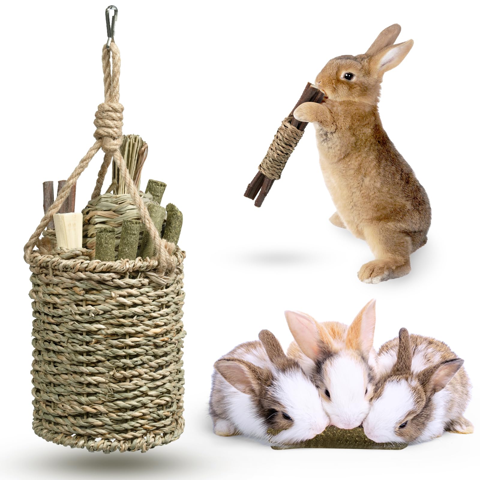 Natural Seagrass Hanging Basket Chew Toy for Rabbits, Chinchillas, Guinea Pigs & Small Pets - Includes Sweet Bamboo, Timothy Hay, Water Plant Radish & Apple Sticks - Perfect for Teeth Grinding, Cage Enrichment & Small Animal Entertainment