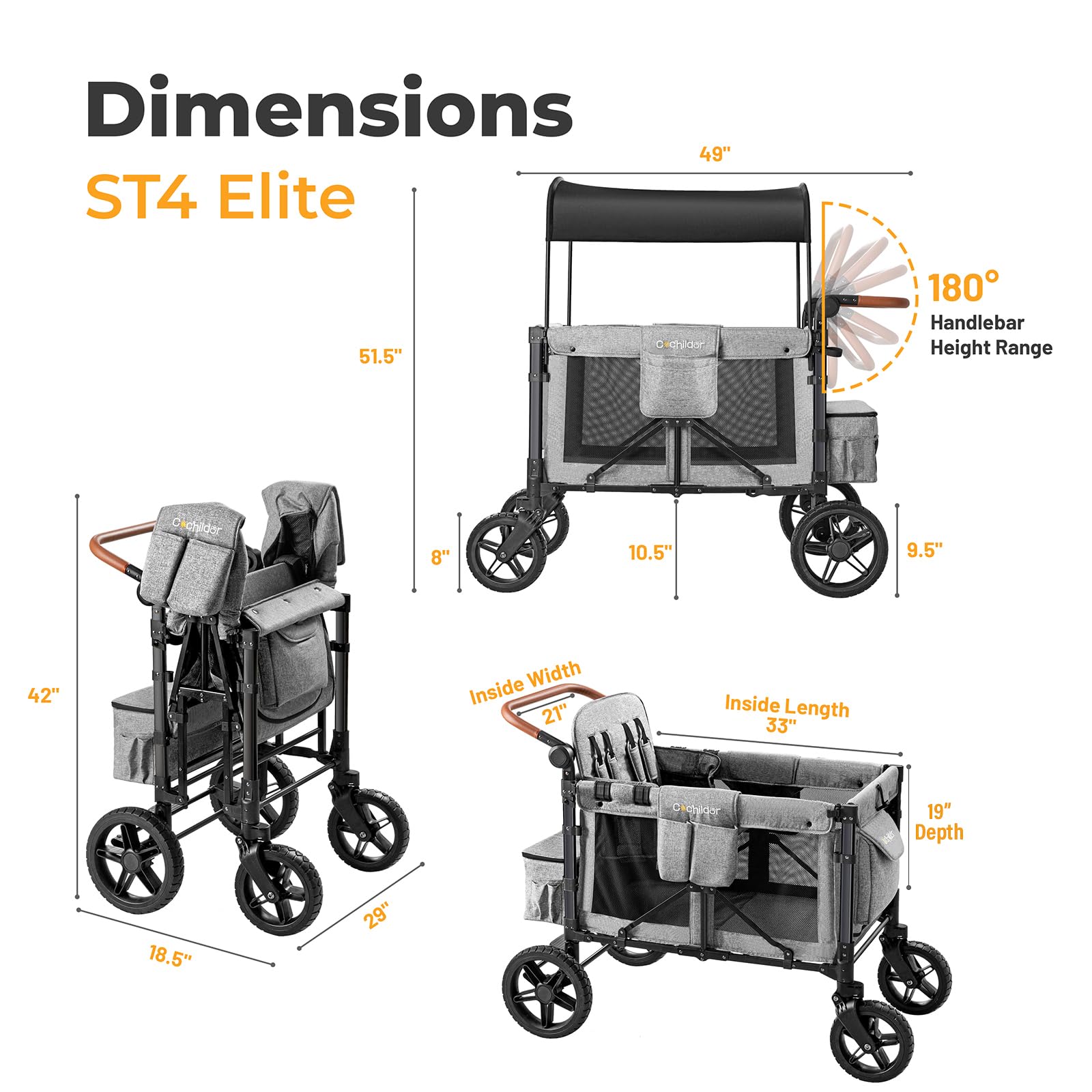 **CoChildor 4-Seater Stroller Wagon for Kids – Premium Folding Quad Wagon with 5-Point Harness, Adjustable Push/Pull Handles, Removable UV Canopy & Storage Pockets – Light Grey – Perfect for Park Outings, Beach Trips & Family Adventures**