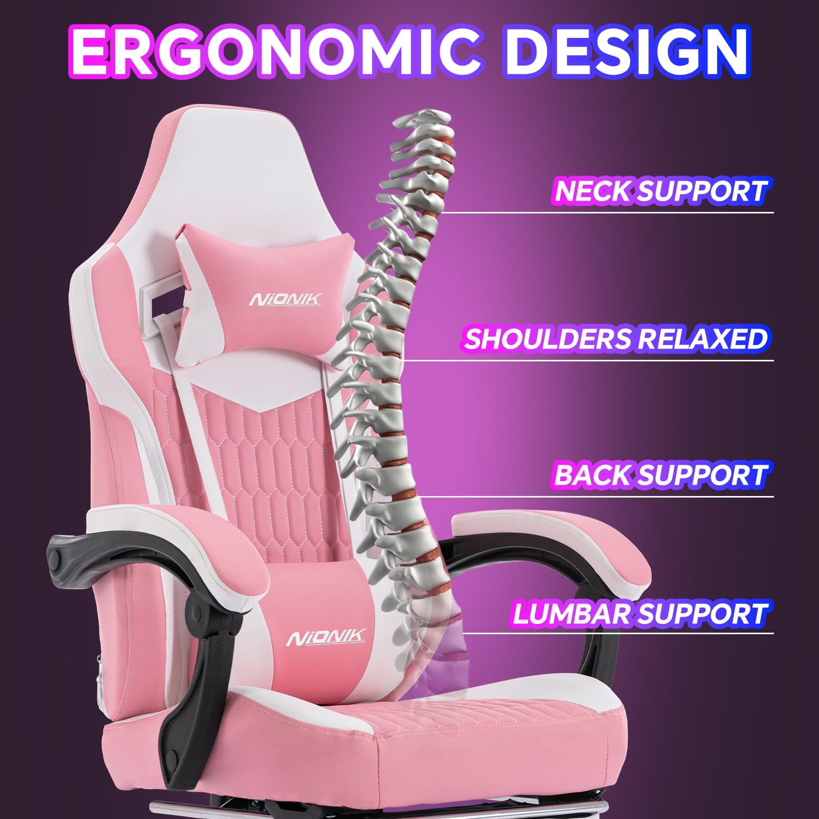 Ergonomic Gaming Chair with Massage Waist Pillow & Headrest - Racing Style Computer Chair, Height Adjustable PVC Leather Office/Home Video Game Chair (Pink White) - Perfect for Esports, Streaming & Long Work Sessions