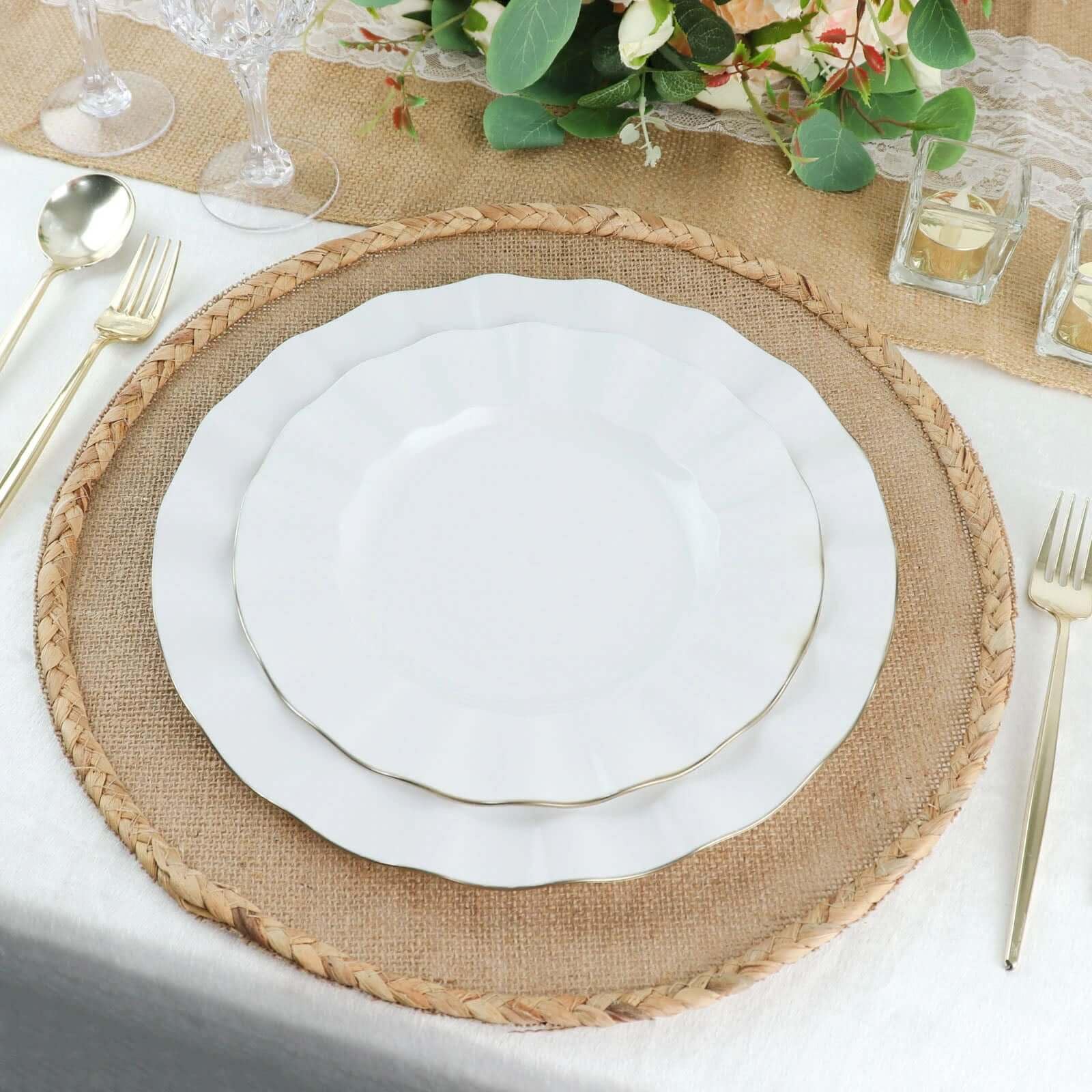 Efavormart 10-Pack White 9-Inch Round Plastic Dessert Plates with Gold Wavy Rim - Disposable Salad & Appetizer Plates for Weddings, Parties, Banquets, Holiday Dining, Picnics & Outdoor Events