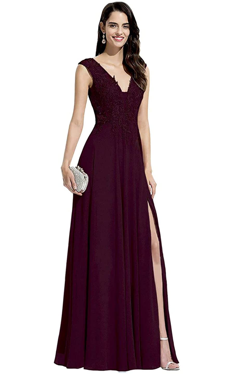 Elegant V-Neck Chiffon Bridesmaid Dresses with Lace Appliques - A-Line Long Formal Gowns with Slit for Weddings, Proms & Special Occasions