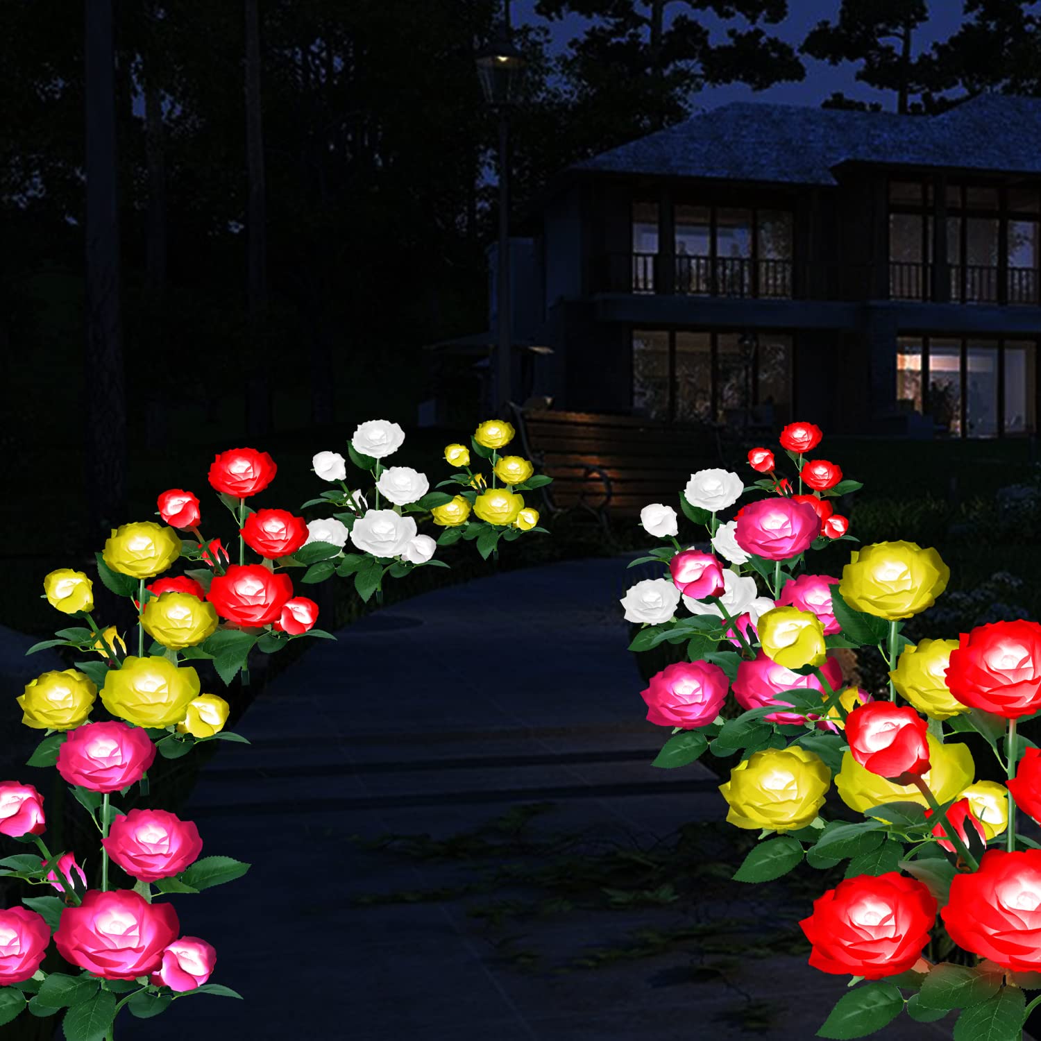 Solar Powered Outdoor Garden Lights - 7 Rose Flower Stake Lights with Enlarged Solar Panel for Pathway, Patio, Yard & Landscape Decoration (Pink) | Weatherproof & Energy Efficient Solar Lights for Romantic Evening Ambience