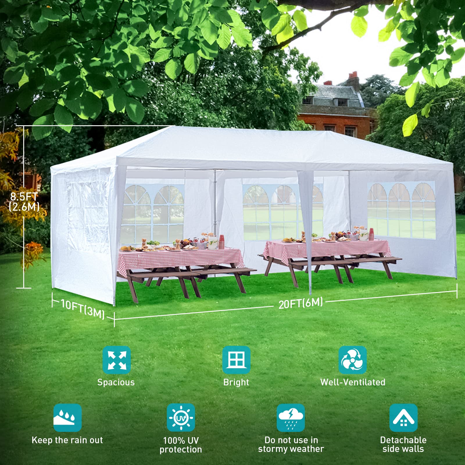 10'x20' Outdoor Party Tent with 4 Sidewalls & Transparent Windows - Waterproof Wedding Canopy Gazebo with UV Protection for Catering Events, Backyard Gatherings & Outdoor Weddings