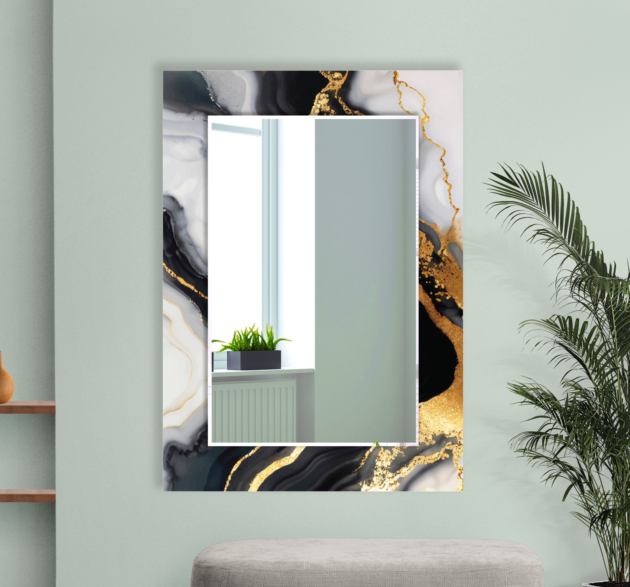 Black & Gold Marble Glass Wall Mirror - Modern Luxury Bathroom Decor for Vanity, Bedroom, or Entryway - Elegant Home Accent Mirror with Stylish Design