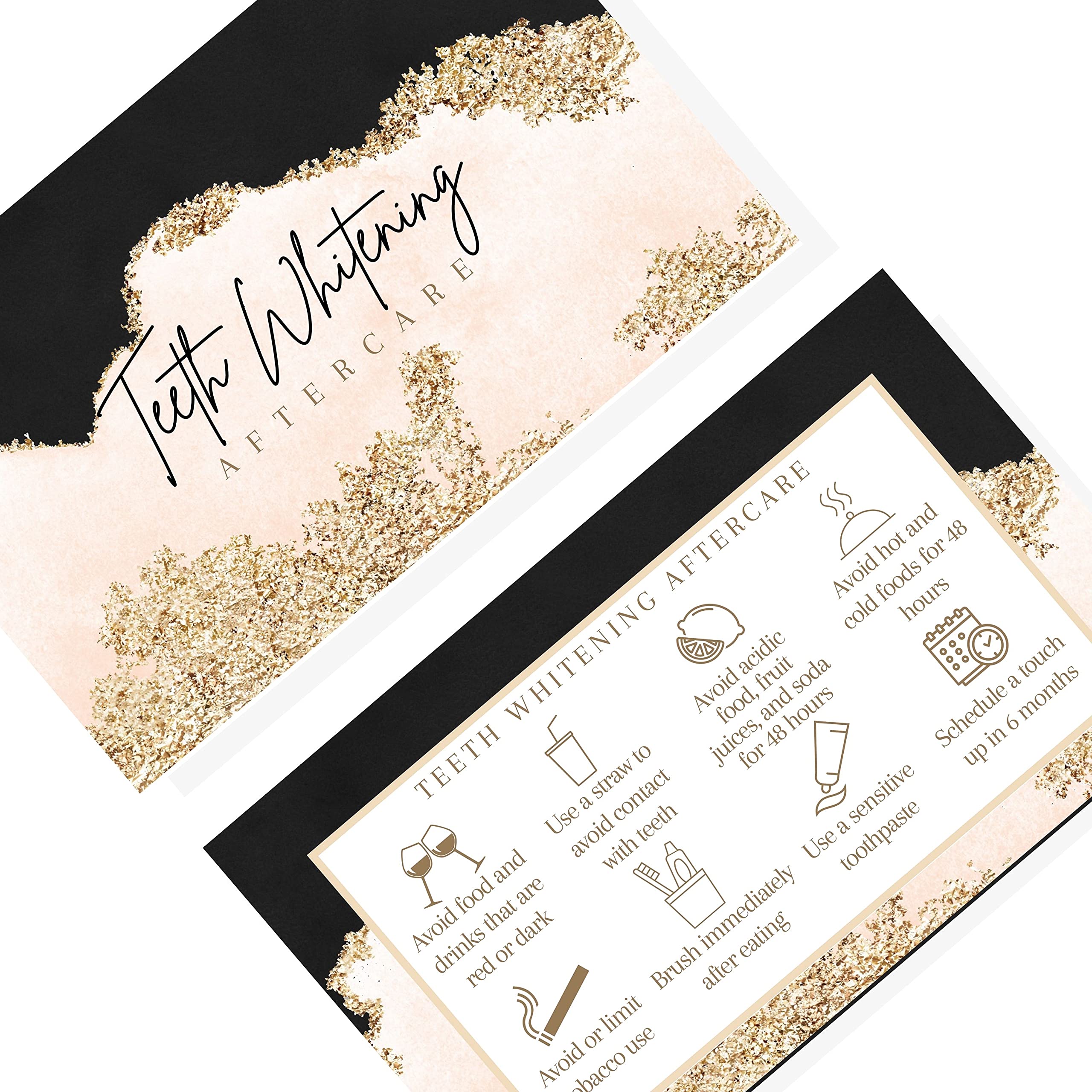 Premium Teeth Whitening Aftercare Instruction Cards - 50 Pack | 2x3.5 Inch Business Cards | Black, Pink & Gold Designs | Perfect for Dental Clinics, Spas & Beauty Salons