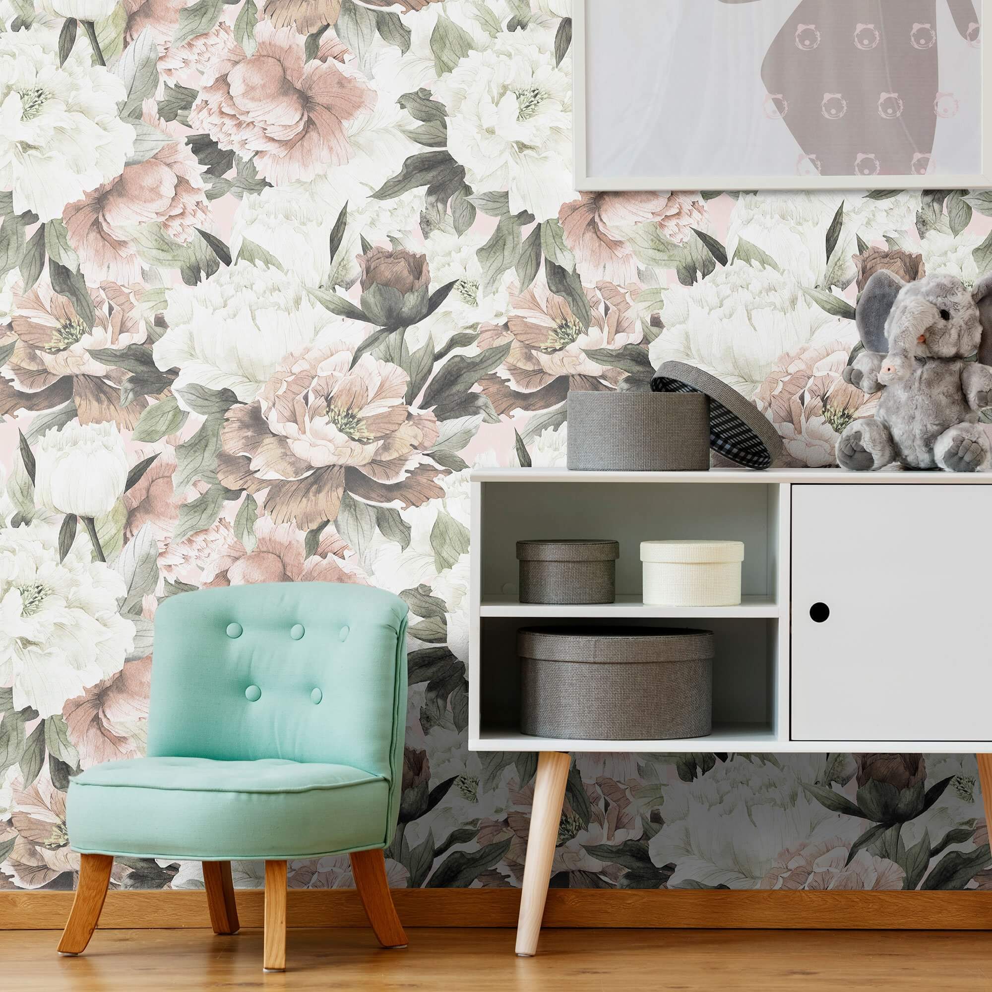 White and Pink Floral Peel & Stick Removable Wallpaper - Self-Adhesive Decorative Wall Covering for Bedroom, Nursery, Living Room & Home Office Decor