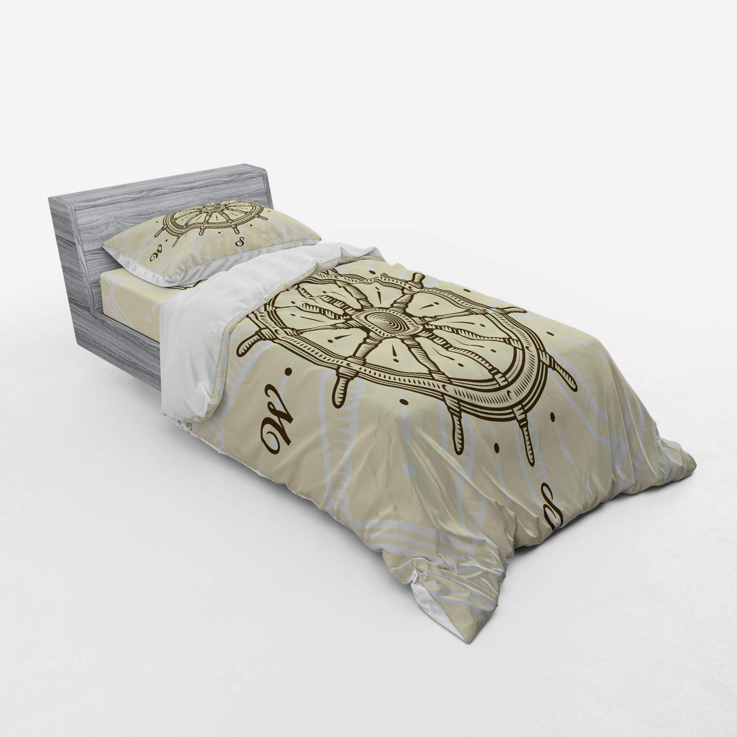 Ambesonne Nautical Ships Wheel Bedding Set - 3 Piece Duvet Cover with Sham & Fitted Sheet, Twin Size, Beige Brown Retro Sailboat Theme - Perfect for Coastal, Beach House or Maritime Decor Bedroom