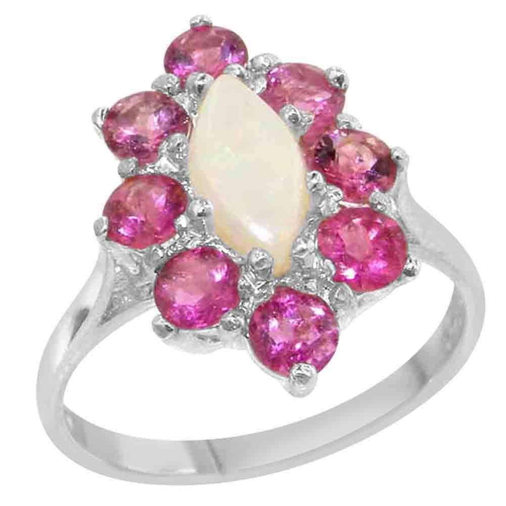 9K White Gold Natural Opal & Pink Tourmaline Women's Statement Ring - Size 7 | Elegant Jewelry Gift for Birthday, Anniversary & Special Occasions