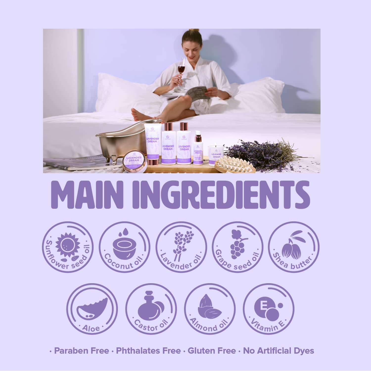 Luxury 8-Piece Lavender Spa Gift Set for Women - Relaxing Self Care Kit with Bath Salts, Candles & More - Perfect for Birthday, Anniversary & Mother's Day Gifts