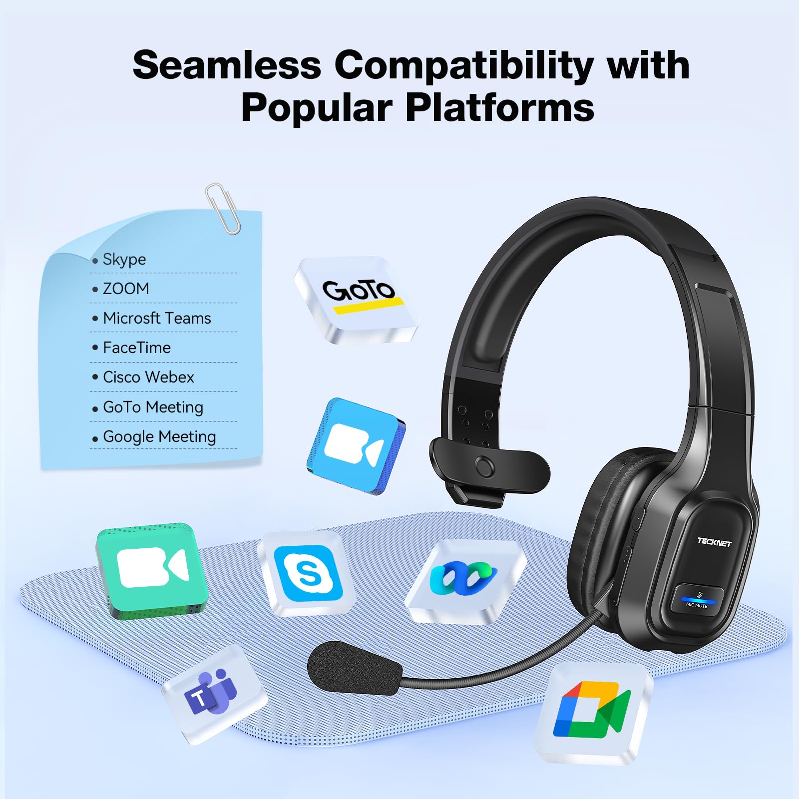TECKNET Trucker Bluetooth Headphones with Microphone | Wireless Noise Canceling On-Ear Headset | Hands-Free for Cell Phone, Computer, Office & Home | Ideal for Call Centers, Skype Calls & Long-Distance Driving