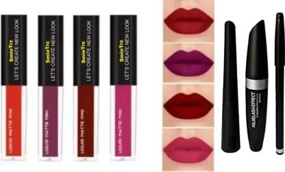 SMIETRZ 4-in-1 Long Lasting Liquid Lipstick & 3-in-1 Waterproof Eyeliner Mascara Eyebrow Pencil Set (7-Piece Makeup Kit) - Perfect for Party, Wedding & Everyday Glam Look