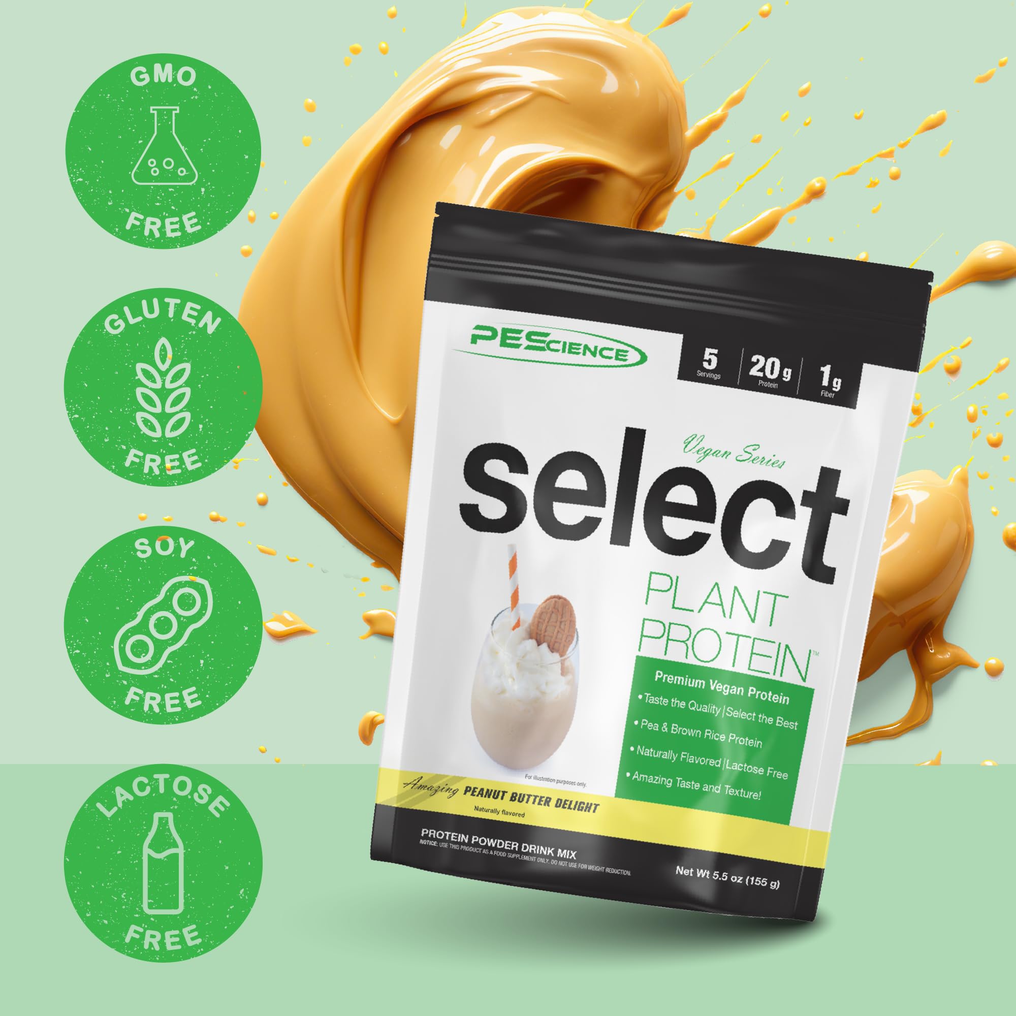 PEScience Select Vegan Plant Based Protein Powder - Peanut Butter Delight Flavor, 5 Servings, Premium Pea & Brown Rice Protein Blend for Muscle Recovery & Post-Workout Nutrition | Ideal for Smoothies, Baking & Healthy Snacks