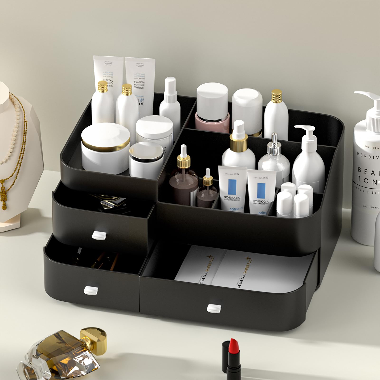 Large Capacity Makeup Organizer with Drawers - Vanity Cosmetic Storage for Lipsticks, Jewelry, Nail Care & Skincare | Black Desk Organizer for Bedroom & Bathroom Countertops | Perfect for Daily Beauty Routine & Travel Organization