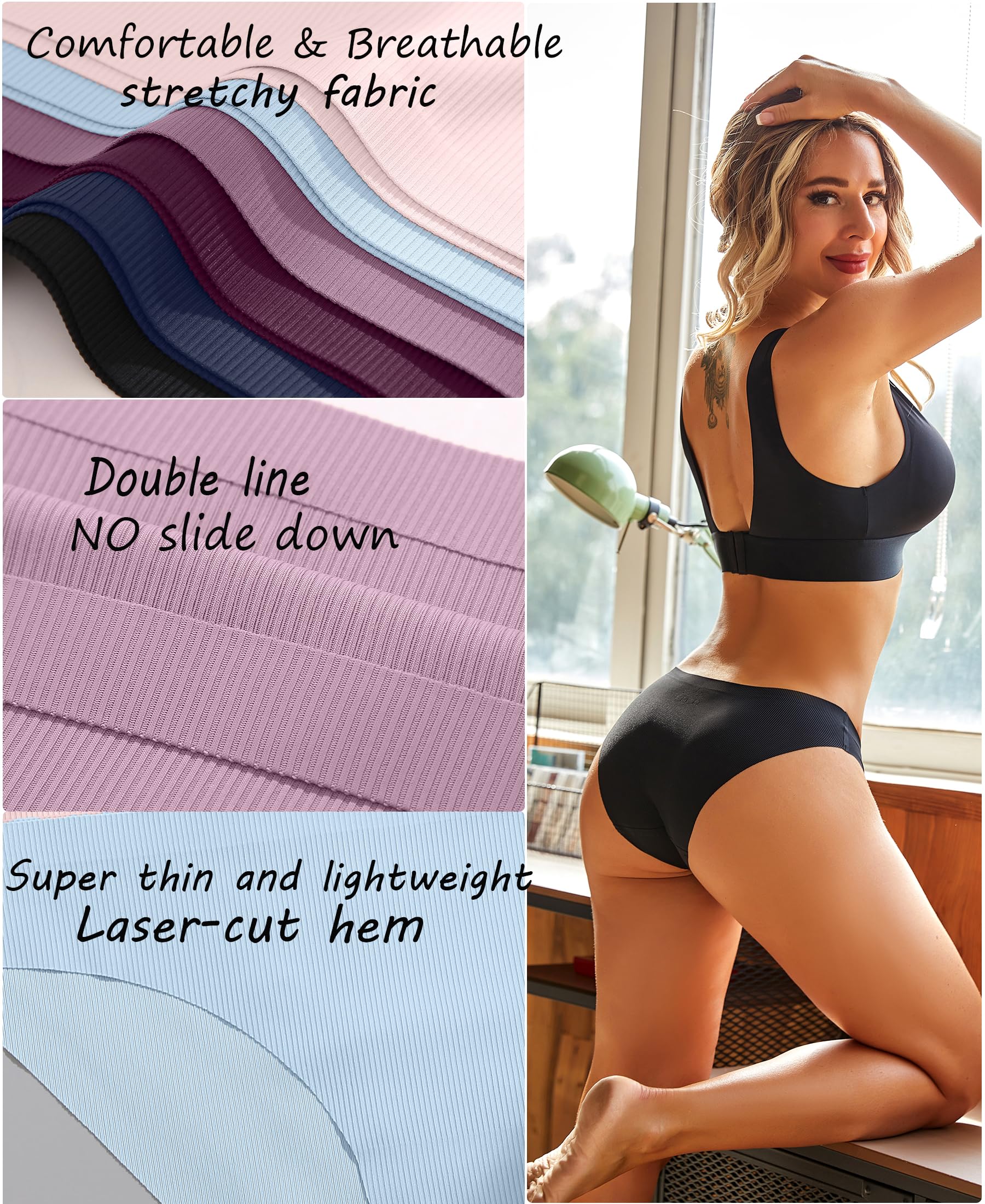 FINETOO 6 Pack Women's Seamless Bikini Panties - Low Rise Cheeky Underwear, Stretch Hipster Briefs for Ladies - Soft Comfortable Everyday Wear for Work, Yoga & Sleep