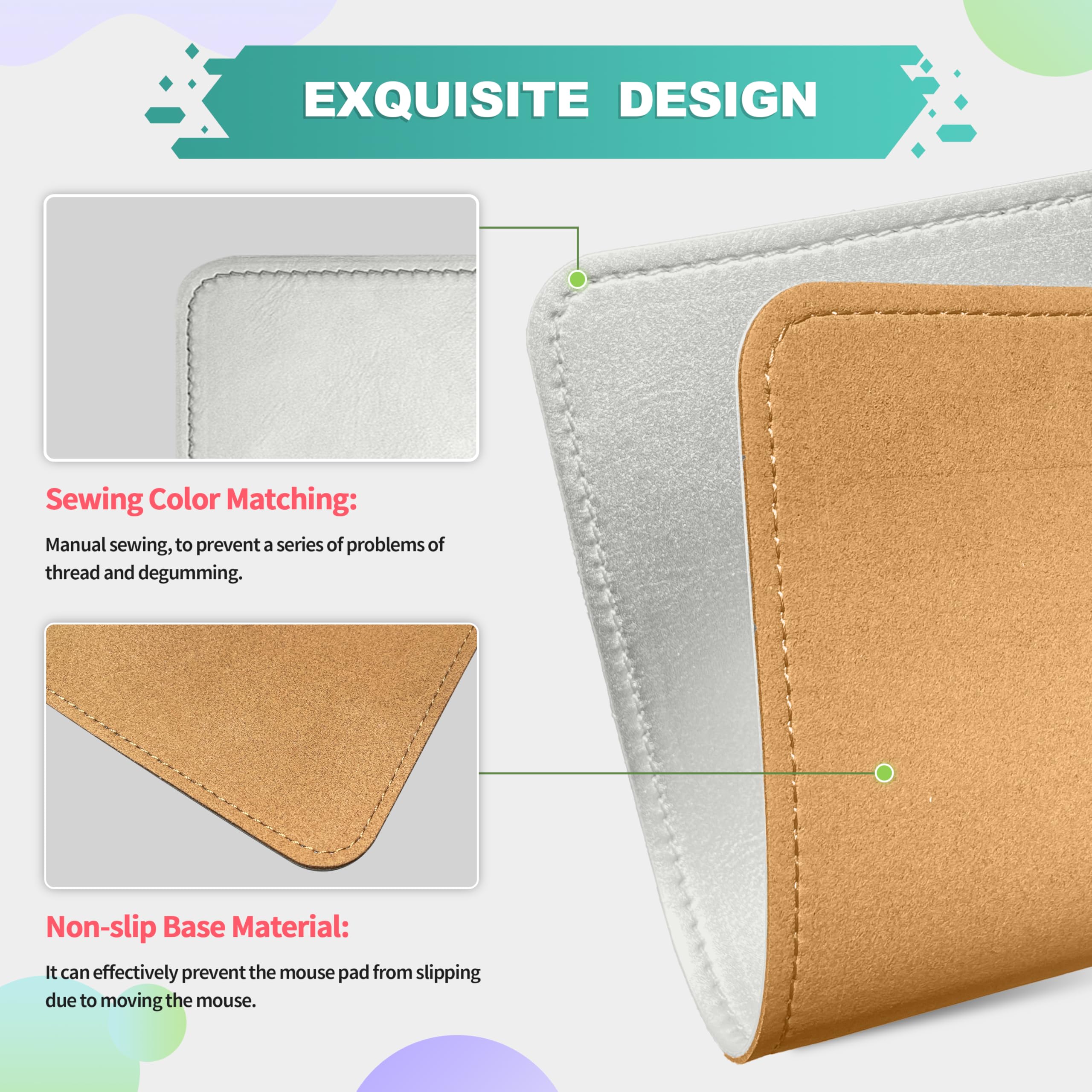 Premium PU Leather Mouse Pad with Stitched Edge - Non-Slip Microfiber Base, Waterproof Desk Mat for Computer & Laptop (8x11 Inch, Silver) - Perfect for Office, Gaming & Home Workspace