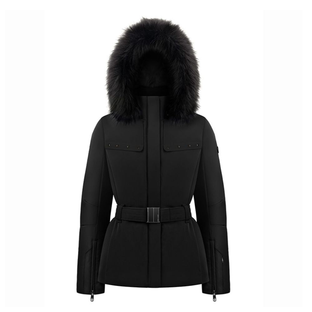 Women's White Pepper Stretch Belted Ski Jacket - Waterproof Winter Jacket for Skiing, Snowboarding & Outdoor Activities - Black