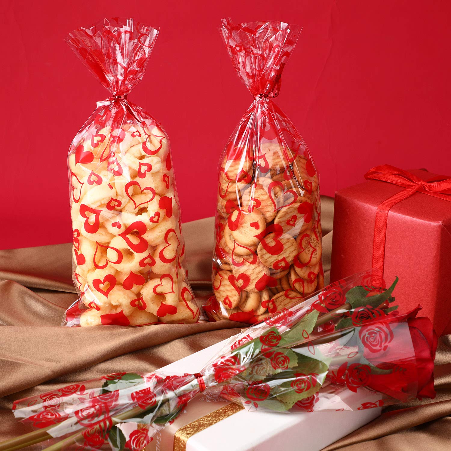 120-Piece Valentine's Day Treat Bags - Heart-Shaped Cellophane Candy Gift Bags with 150 Twist Ties - Perfect for Valentine's Party Favors, Classroom Treats & Wedding Candy Buffets