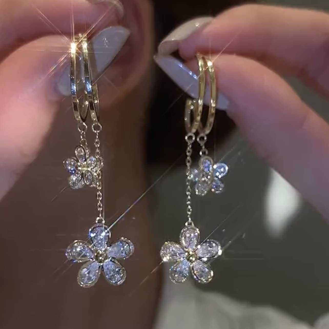 925 Sterling Silver Cherry Blossom Dangle Earrings for Women - Hypoallergenic Crystal Flower Tassel Earrings with Gold Plated Details | Trendy Fashion Jewelry Gift for Girls, Perfect for Weddings, Parties & Everyday Wear