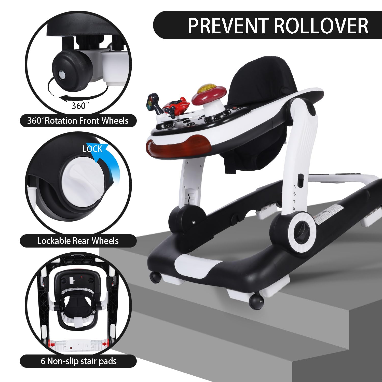 Kinder King 5-in-1 Baby Walker with Music & Lights - Adjustable Height & Seat, Learning-Seated & Walk-Behind Toddler Activity Walker with Safety Bumper & Anti-Rollover Design (Black) - Perfect for Early Learning, Playtime & First Steps