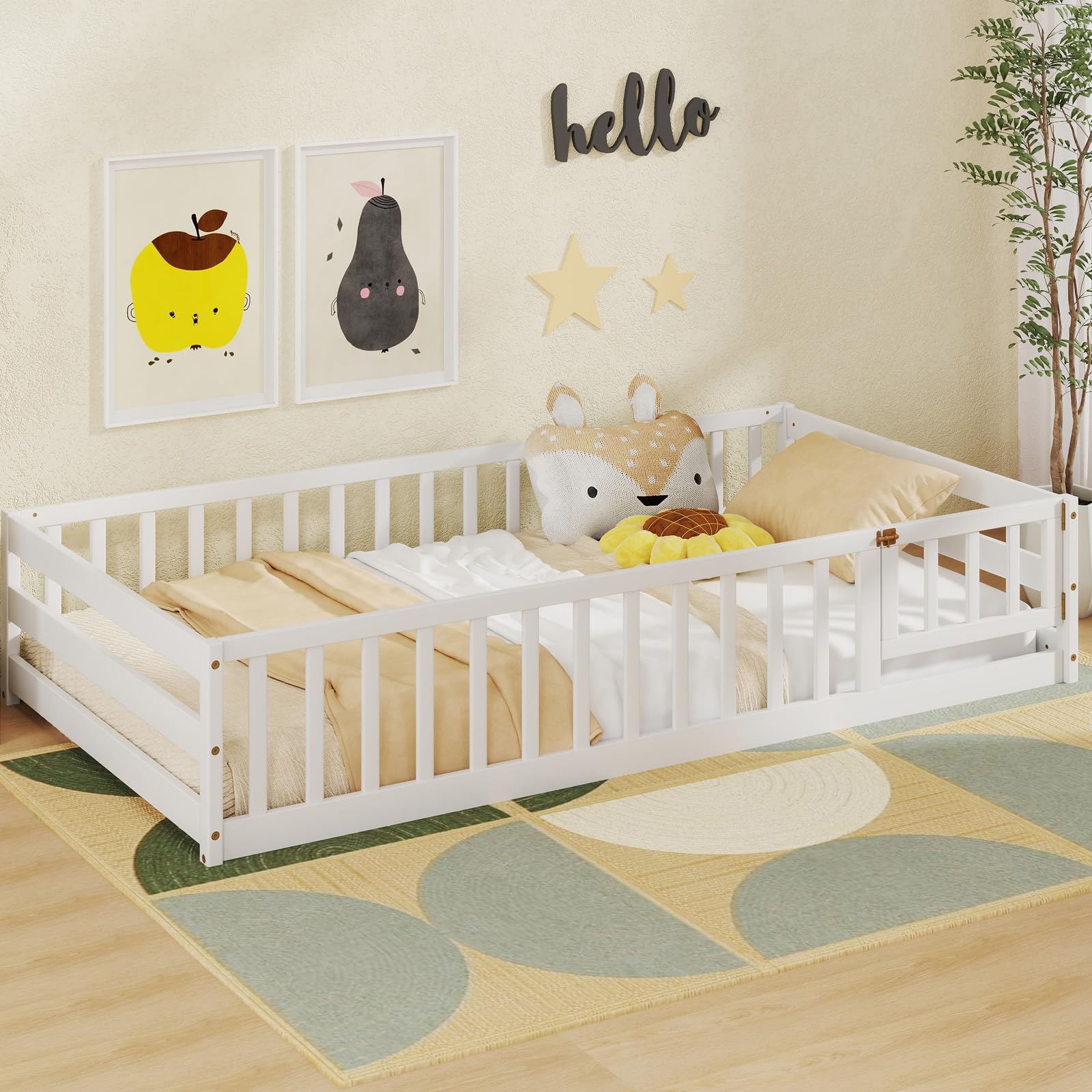 Montessori Twin Floor Bed for Kids - Wooden Low Bed with Safety Guardrails & Door, No Box Spring Needed, White | Ideal for Toddlers, Boys & Girls - Perfect for Montessori Rooms, Playrooms & Safe Sleep Spaces