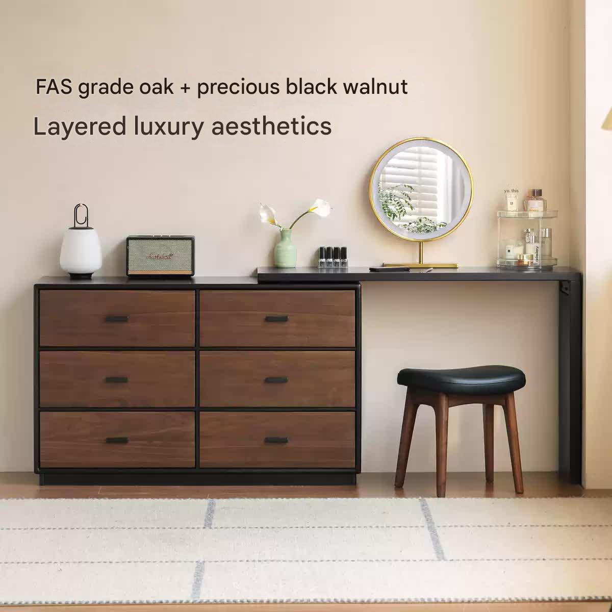 Premium Black Walnut & Oak Solid Wood Italian Vanity Dressing Table - Elegant Light Luxury Makeup Desk for Bedroom, Boudoir, and Master Bathroom