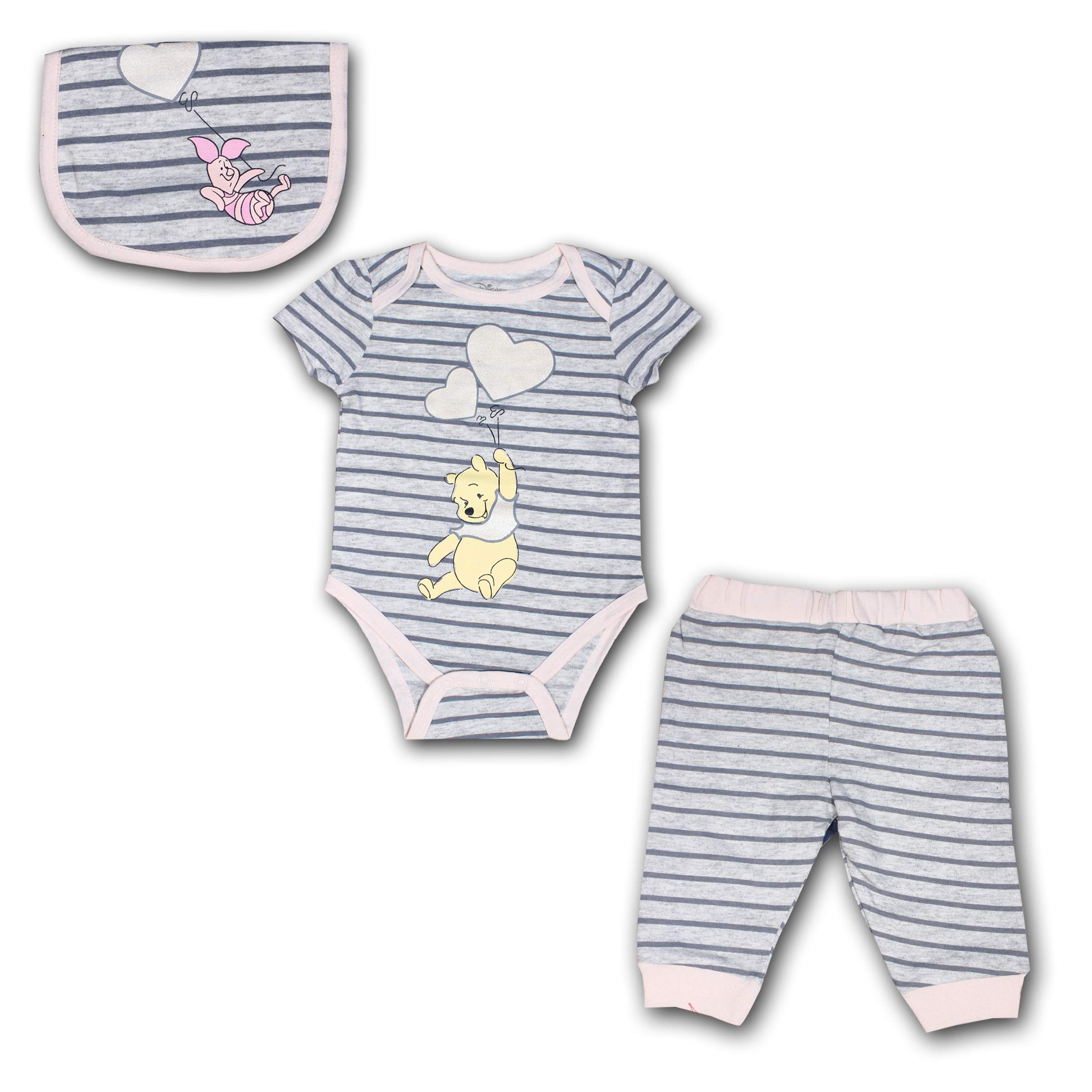 Disney Winnie the Pooh Newborn Baby Girl Outfit Set - Grey Bodysuit, Jogger Pants & Bib | Soft Cotton Infant Clothes for Photos, Gifts & Daily Wear