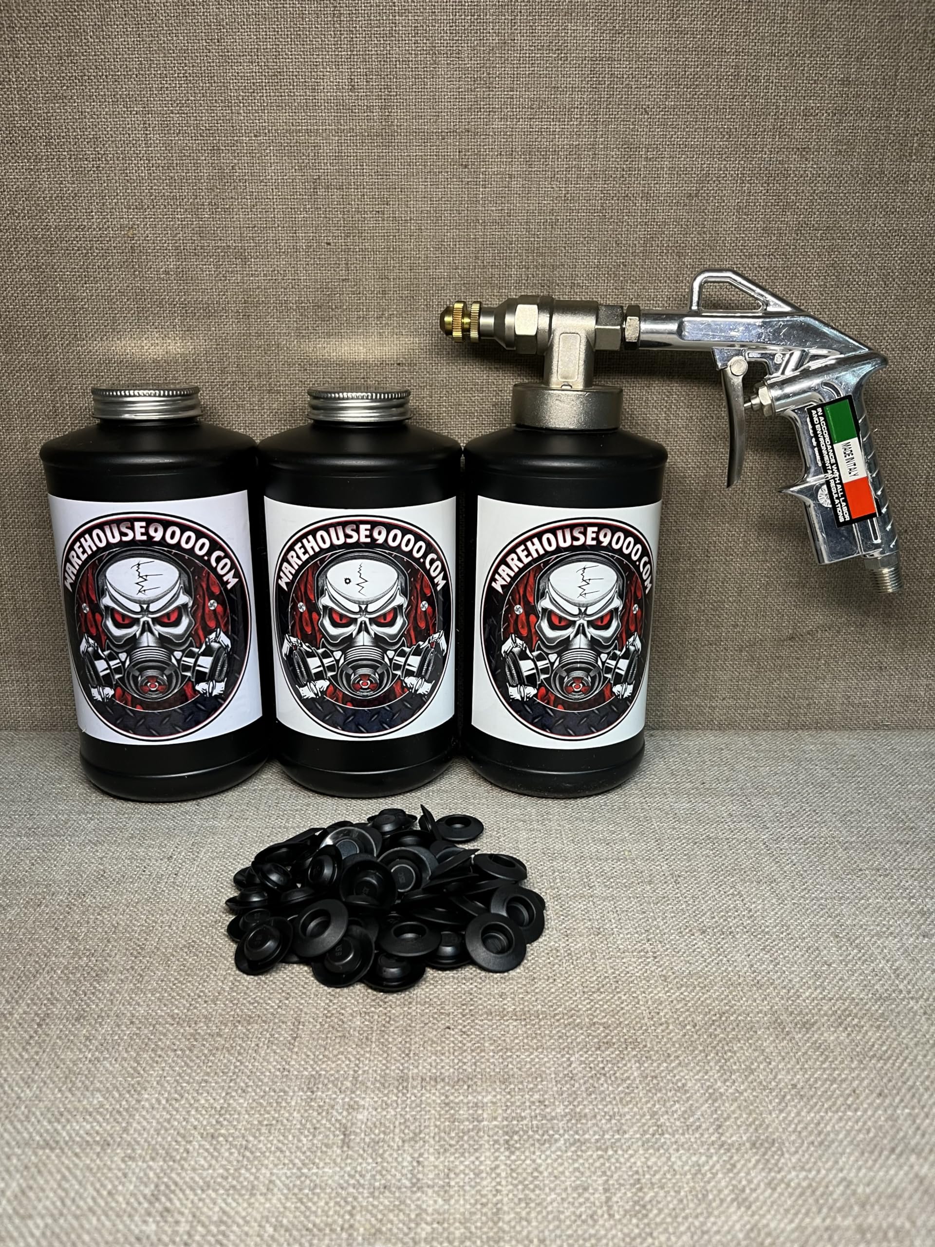 Professional Undercoating Spray Gun Kit with 3 Black Quart Bottles & 50 Rust Plugs - Perfect for Auto Rust Prevention & Vehicle Underbody Protection