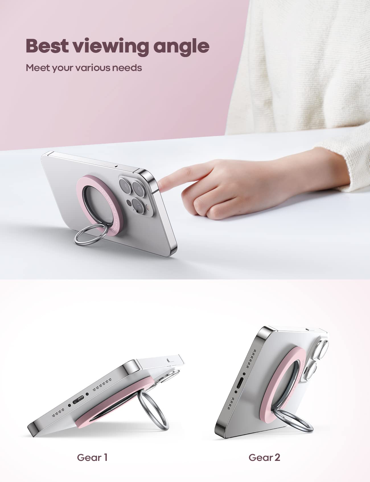Lamicall Magnetic Phone Ring Holder for Magsafe - Wireless Charger Compatible Phone Grip Stand for iPhone & Android, Strong Magnet Phone Ring Stand for Magsafe Accessories (Pink) - Perfect for Hands-Free Viewing, Secure Grip & Wireless Charging