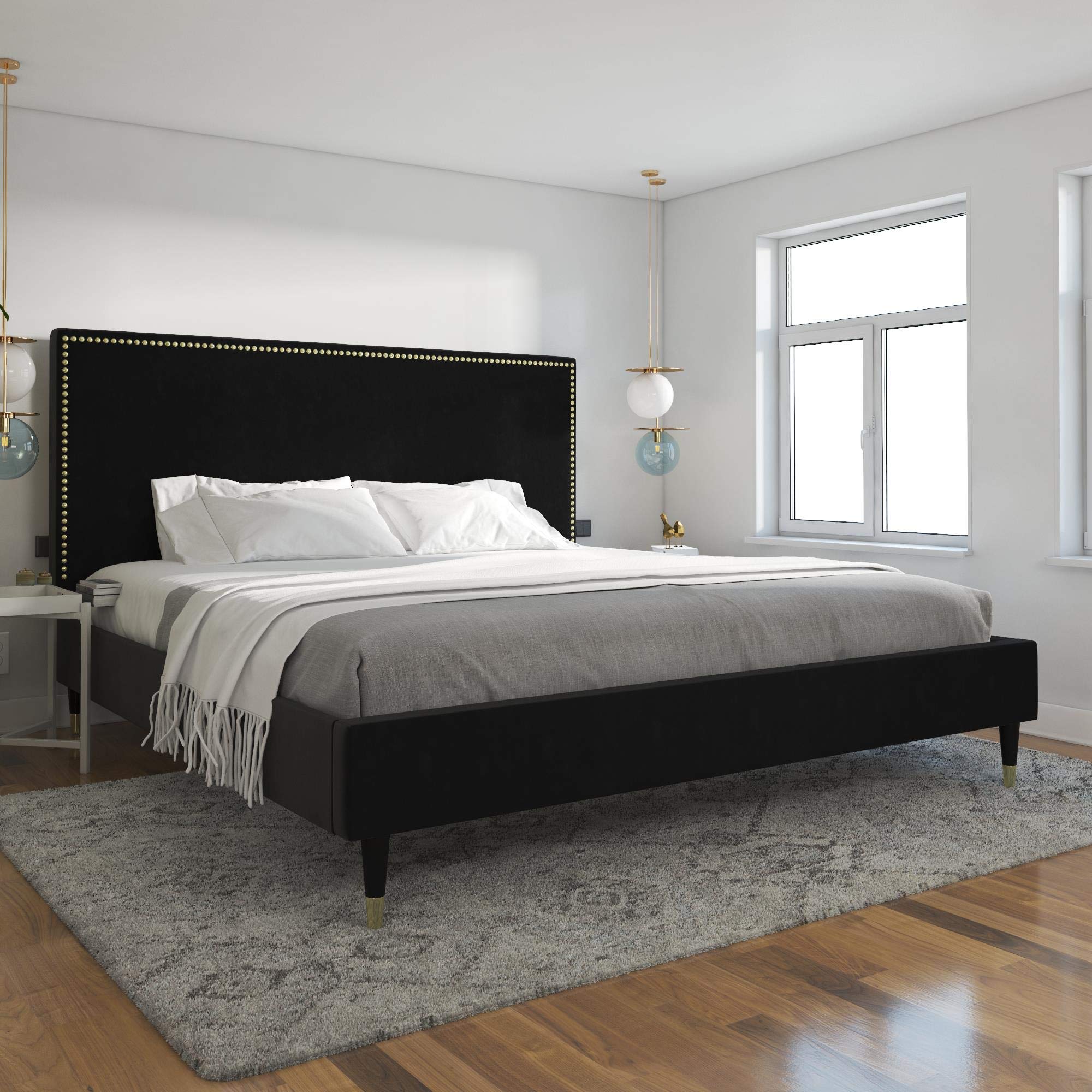 CosmoLiving by Cosmopolitan Audrey Upholstered King Size Bed Frame - Luxe Black Velvet Fabric for Modern Bedroom | Elegant Master Bed Design with Sturdy Support