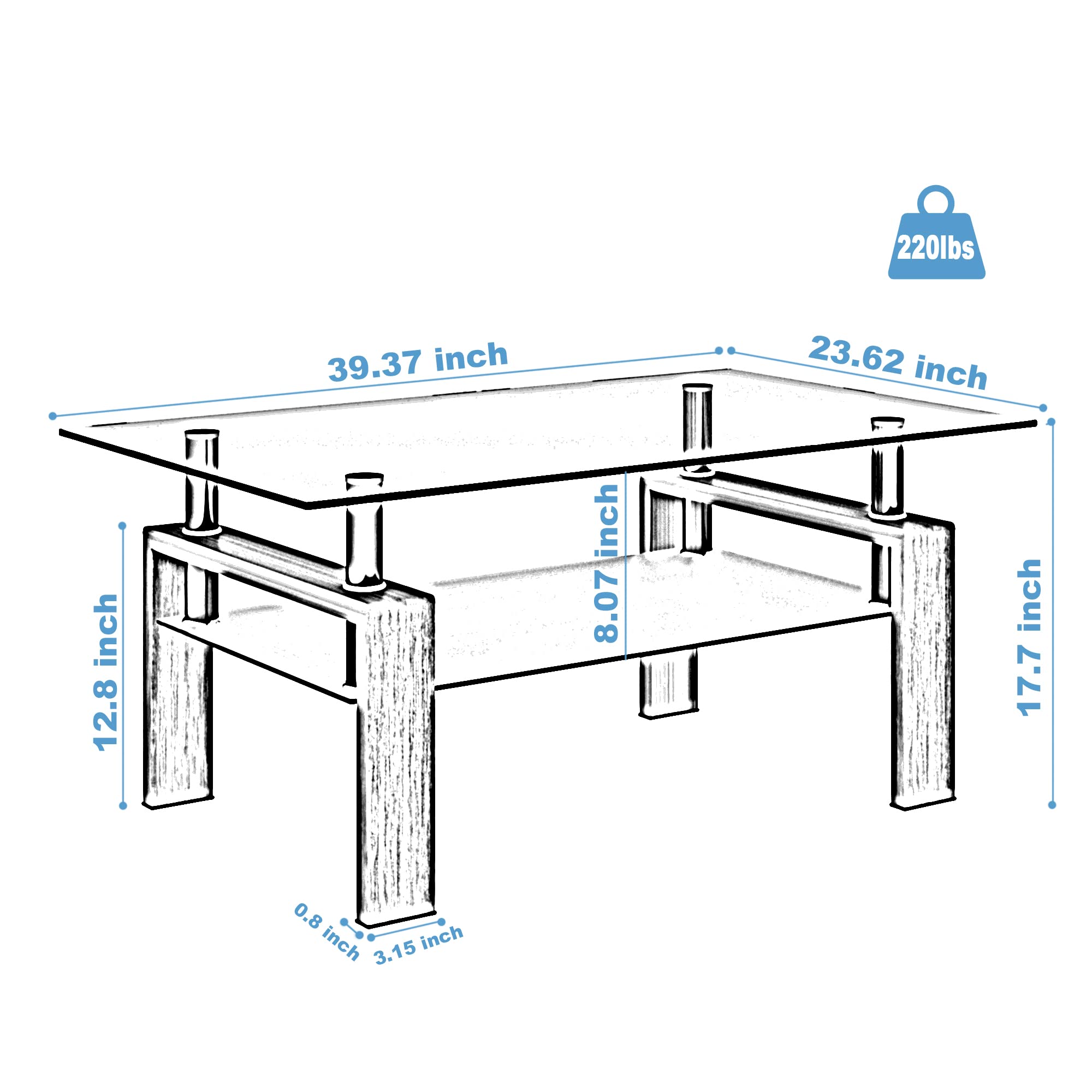 Modern Glass Coffee Table with Storage Shelf - Rectangle Living Room Center Table with Metal Tube Legs & 8mm Tempered Glass - Perfect for Tiny Homes, Apartments, and Reception Areas - Durable Side Table for Coffee, Books, and Decor
