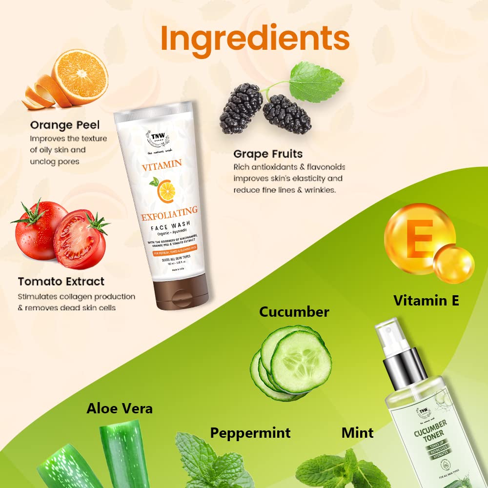 TNW-The Natural Wash Vitamin C Exfoliating Face Wash & Cucumber Toner Set - Glowing Skin Care with Natural Ingredients | Chemical-Free, Vegan Skincare for Daily Cleansing & Hydration | Perfect for Morning & Night Routine
