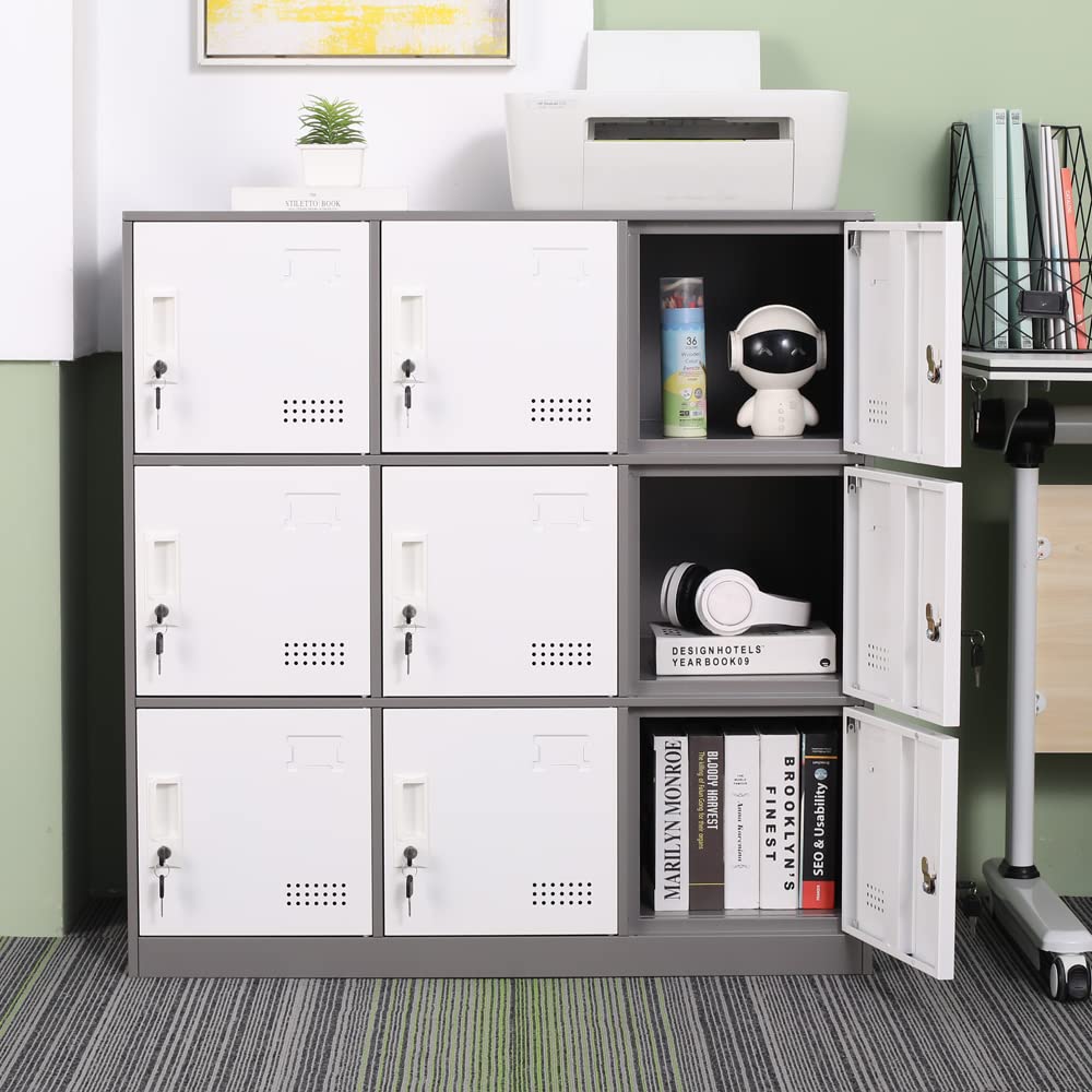 9-Door Metal Locker Storage Cabinet - Heavy Duty Steel Employee Lockers with Key Lock & Ventilation - Secure Office, School & Gym Storage Organizer for Clothes, Equipment & Personal Items