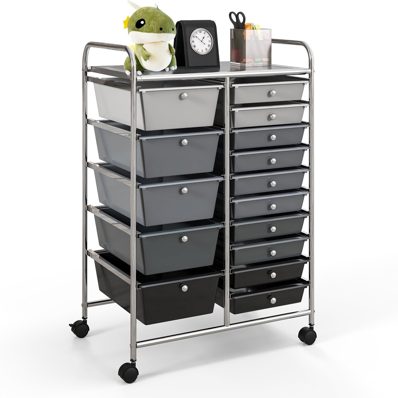 15-Drawer Rolling Storage Cart with Lockable Wheels - Mobile Utility Organizer for Crafts, Tools, Art Supplies - Multipurpose Rolling Cart for Home, Office & School - Ideal for Craft Rooms, Workshops & Classrooms (Mixed Black)